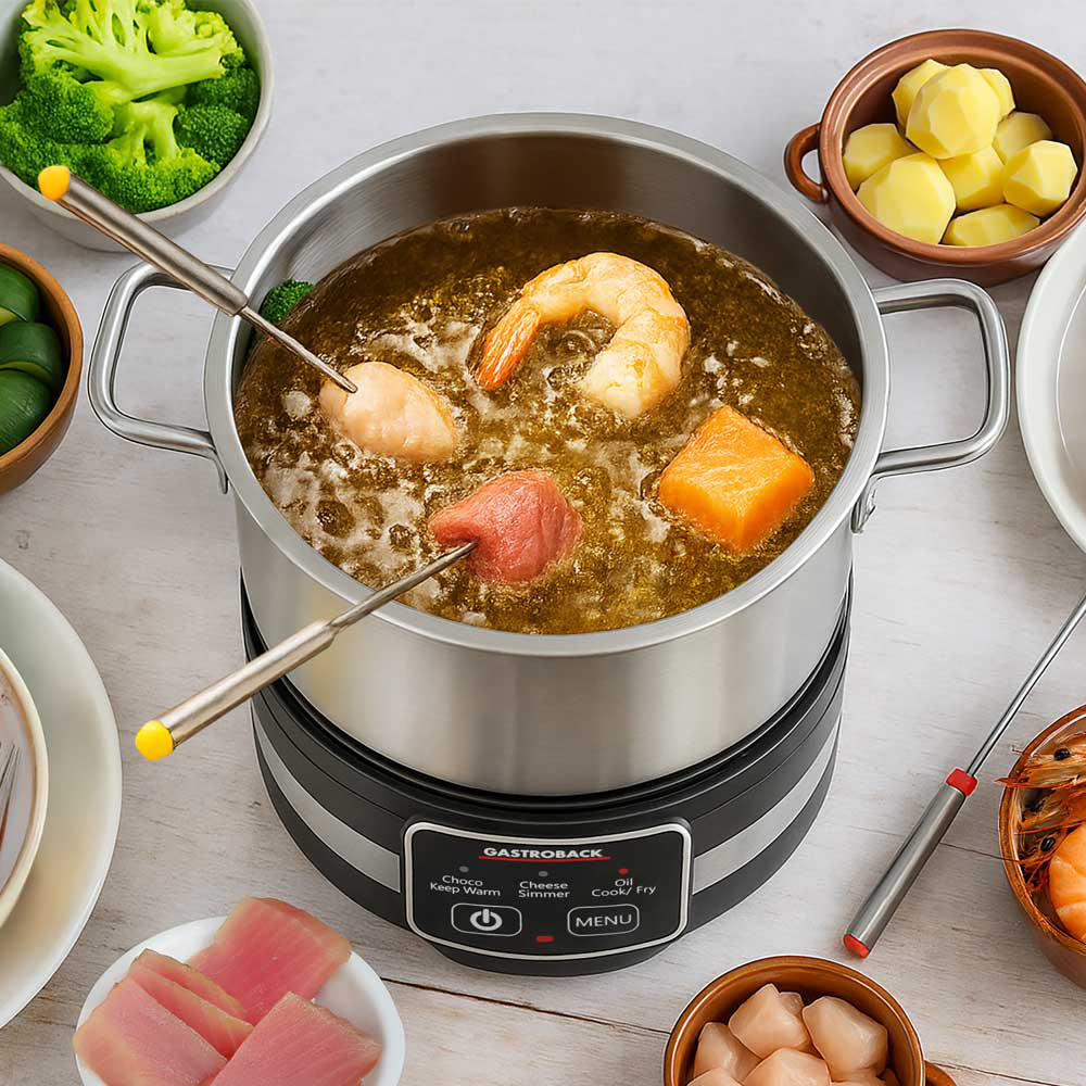 Ein Fonduetopf mit Garnelen, Lachs und Fleisch. Brokkoli und Kartoffeln sind in Schüsseln darum herum. Ein Gastrobac-Gerät befindet sich unten.