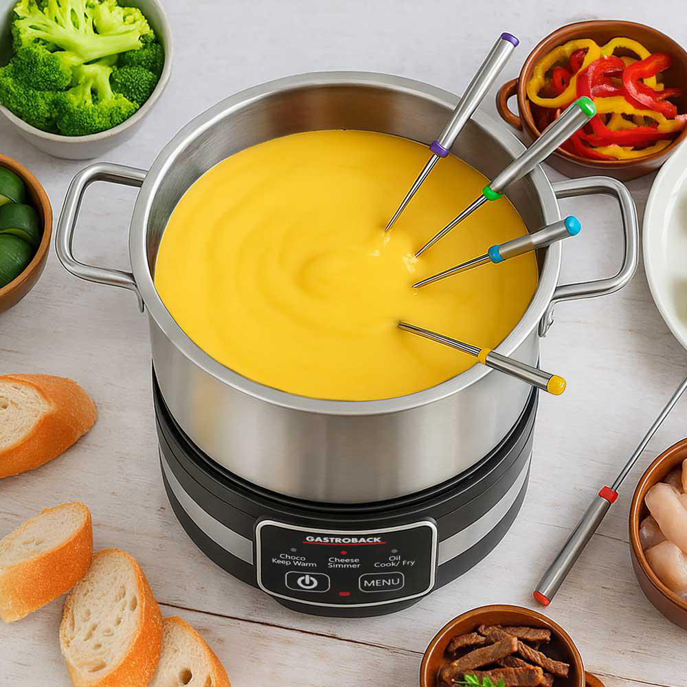 Käsefondue mit farbigen Gabeln. Brokkoli, Paprika, Brot und Fleisch sind in Schalen um den Topf. Der Fonduetopf steht auf einem Wärmer.