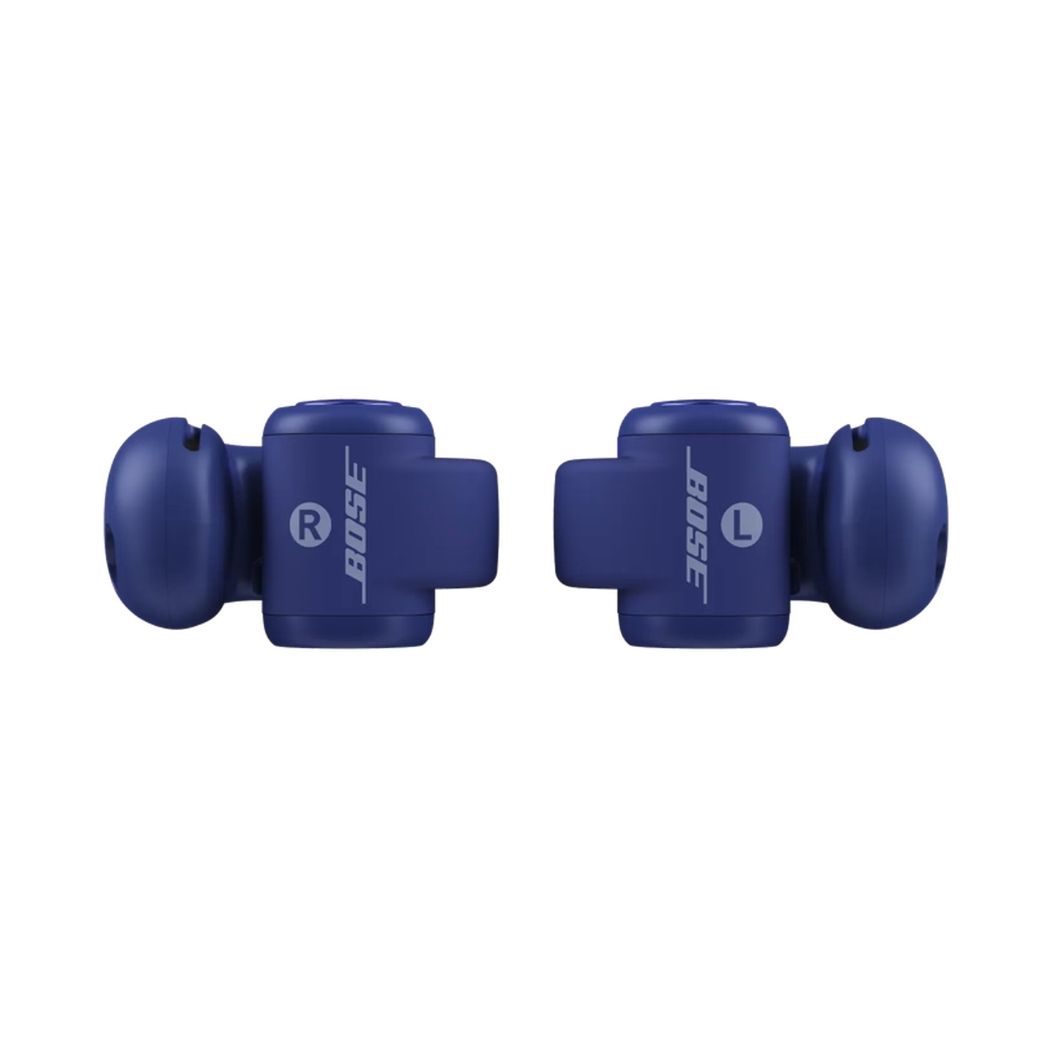 Deux écouteurs Bose bleus sur fond blanc. Un marqué 'R' pour droit, l'autre 'L' pour gauche. Chacun a un design distinctif.
