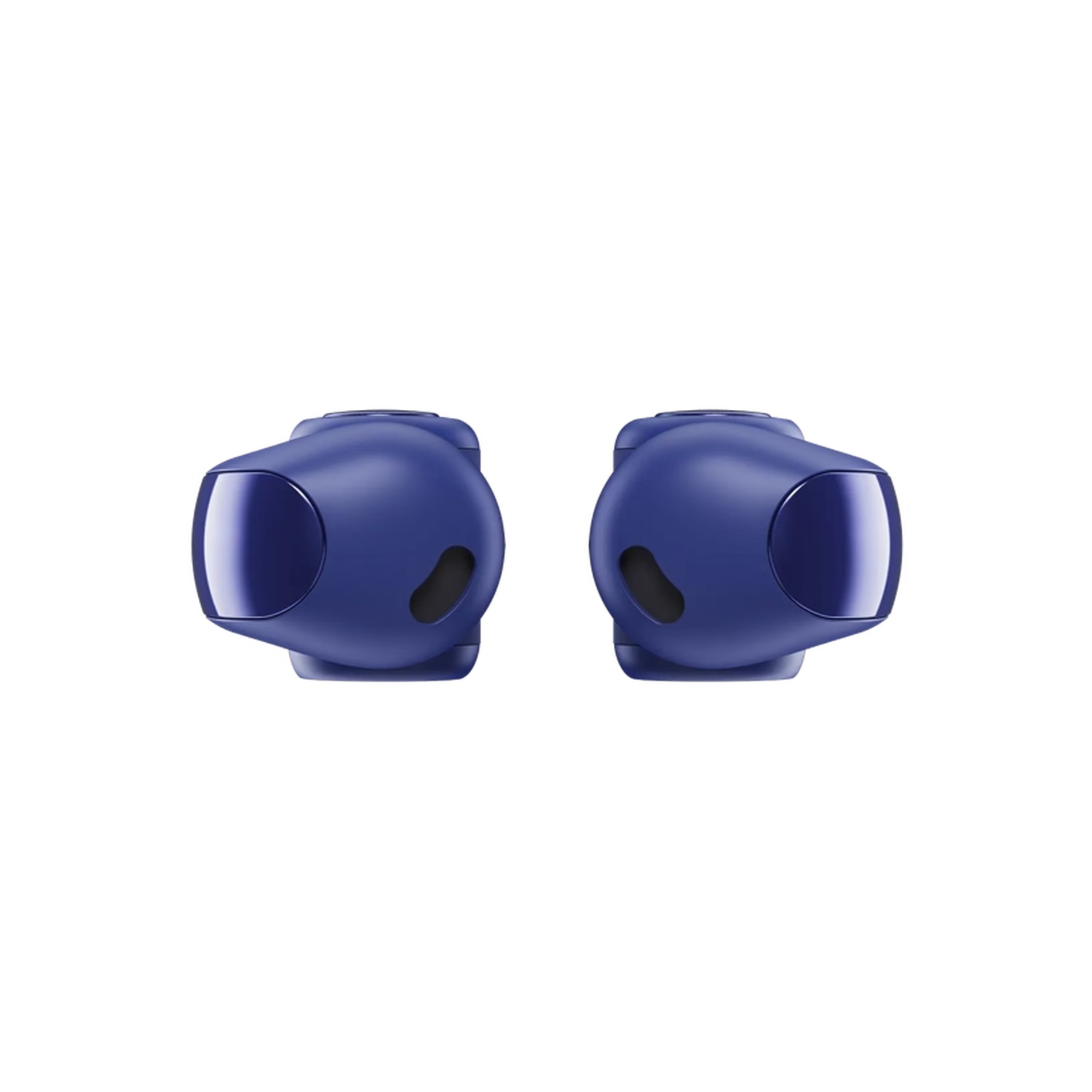 Deux écouteurs sans fil bleus sur fond blanc. Chaque écouteur a une surface bleu foncé brillante et un trou noir.