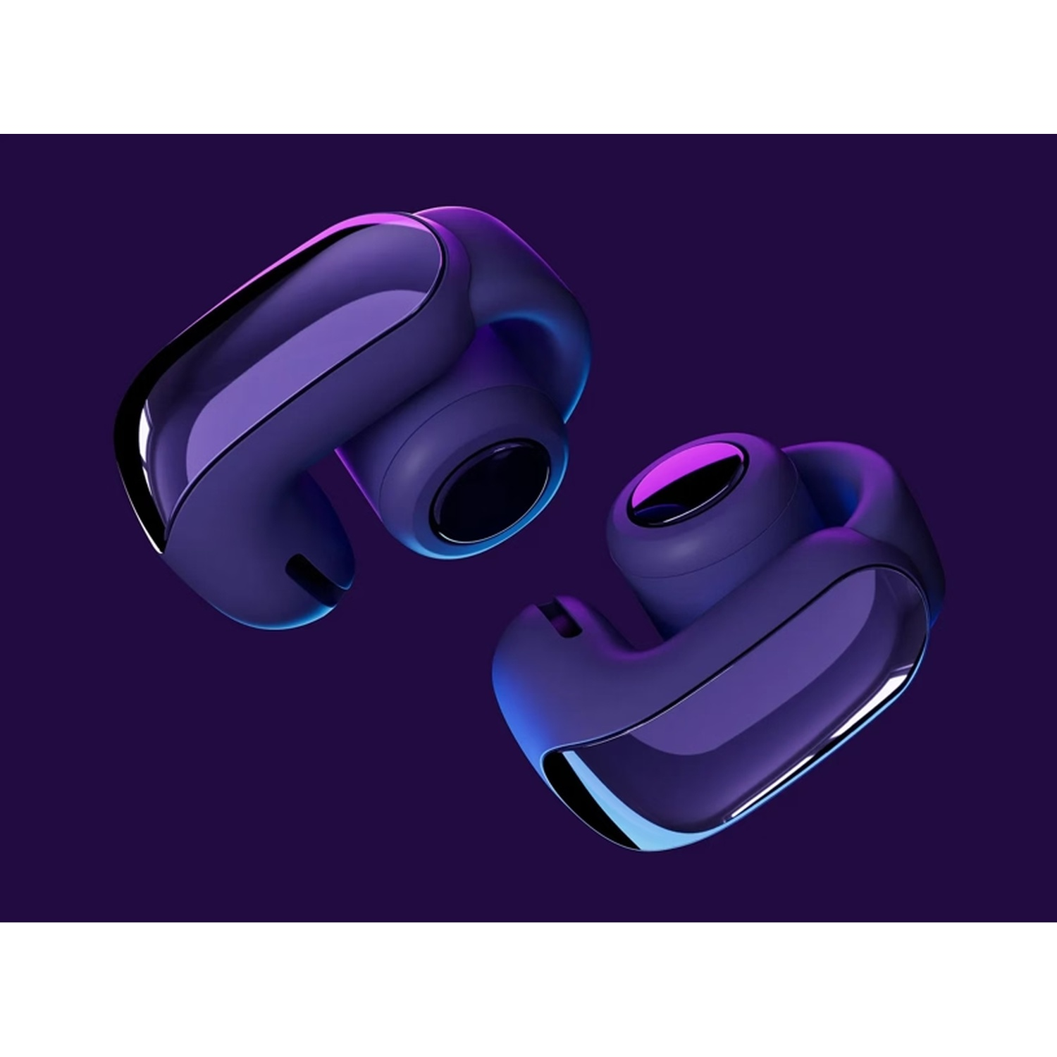 Deux écouteurs sans fil modernes bleu foncé avec une finition brillante. Ils sont placés sur un fond violet dégradé avec des reflets de lumière.