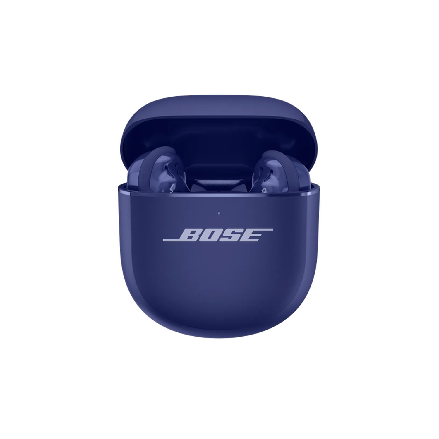 Een blauwe Bose oortjes case met deksel open, onthullend twee oortjes. Het Bose logo is zichtbaar op de case.