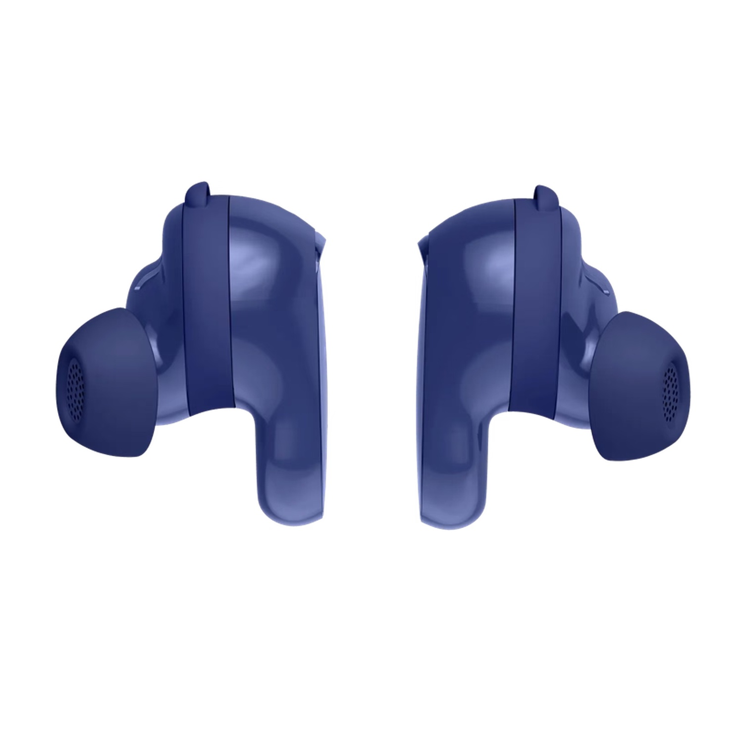 Twee donkerblauwe draadloze oortelefoons, elk met een oortip, tegen een witte achtergrond.