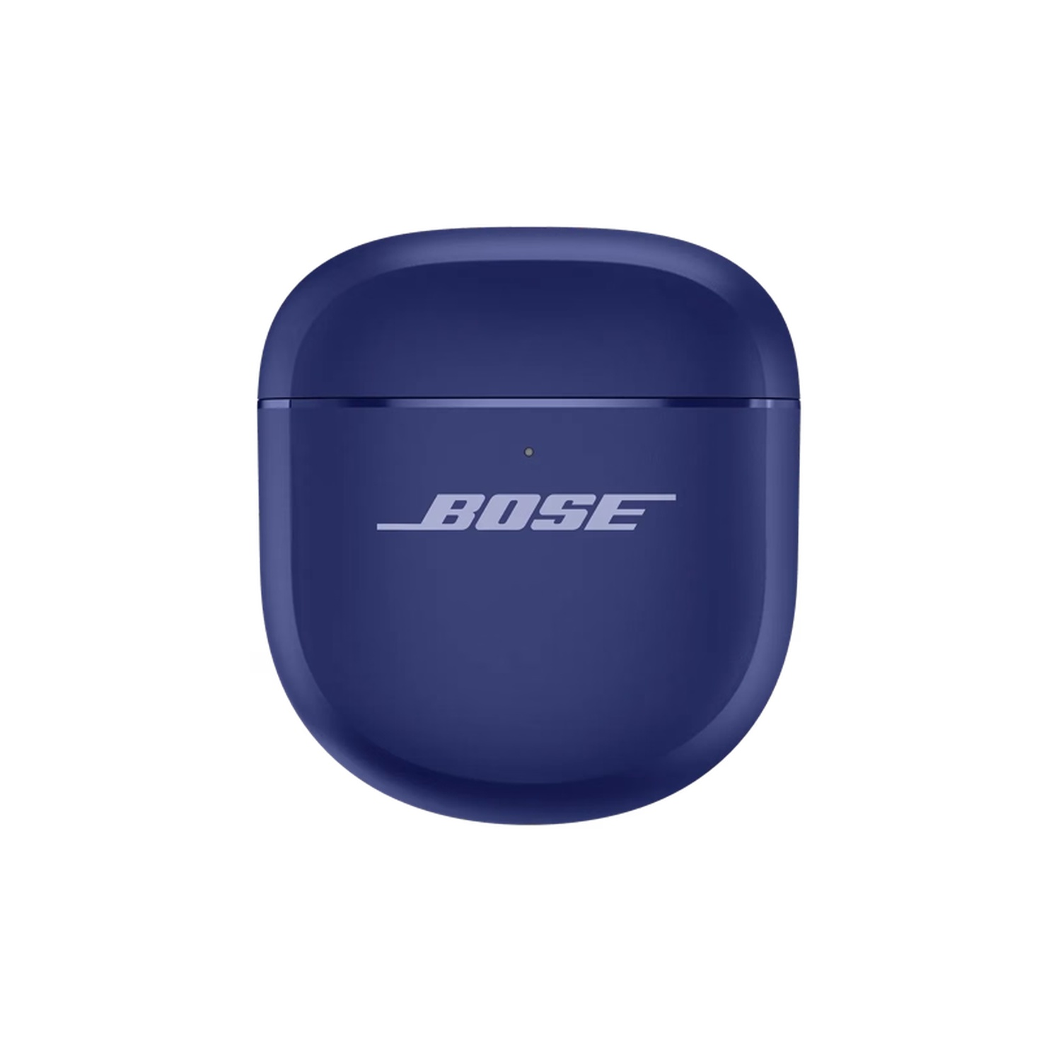 Een blauwe Bose oordopjes oplaadcase. Het Bose-logo is zichtbaar. De case is afgerond en staat tegen een witte achtergrond.