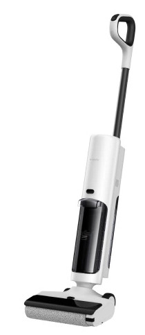 Biało-czarny odkurzacz bezprzewodowy. Posiada długi uchwyt, cylindryczny korpus i głowicę szczotkową.