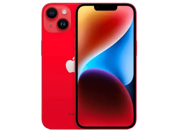 İki kırmızı iPhone. Biri renkli ekranı gösteriyor, diğeri kamera lensleri ve bir elma logosu ile arka tarafı gösteriyor.