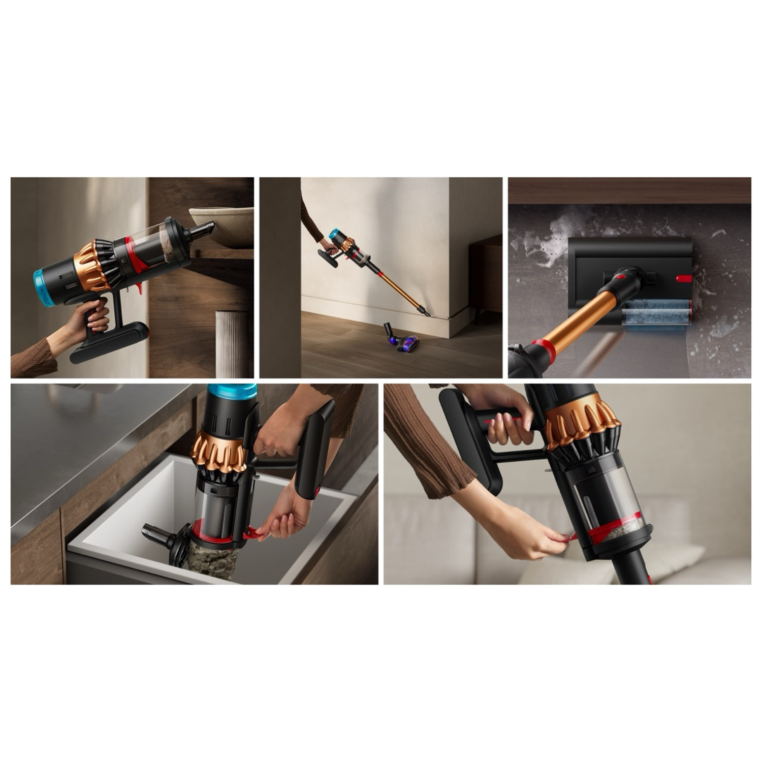 Various shots of a vacuum cleaner in use. Shown cleaning floors, a drawer, and a wall. The vacuum is black, gold, and blue.