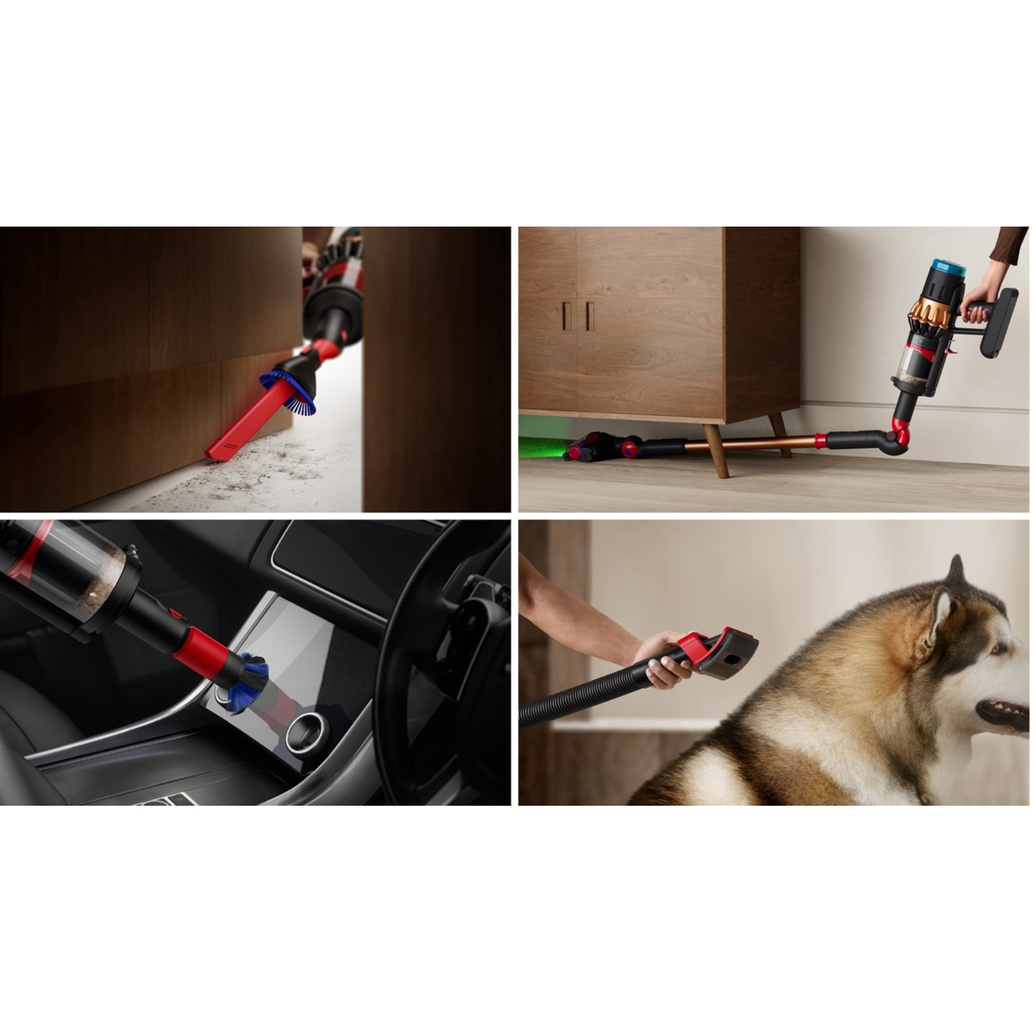 Vacuum cleaner cleaning different areas: floor, car interior, and pet. The vacuum has red, blue, and black parts.