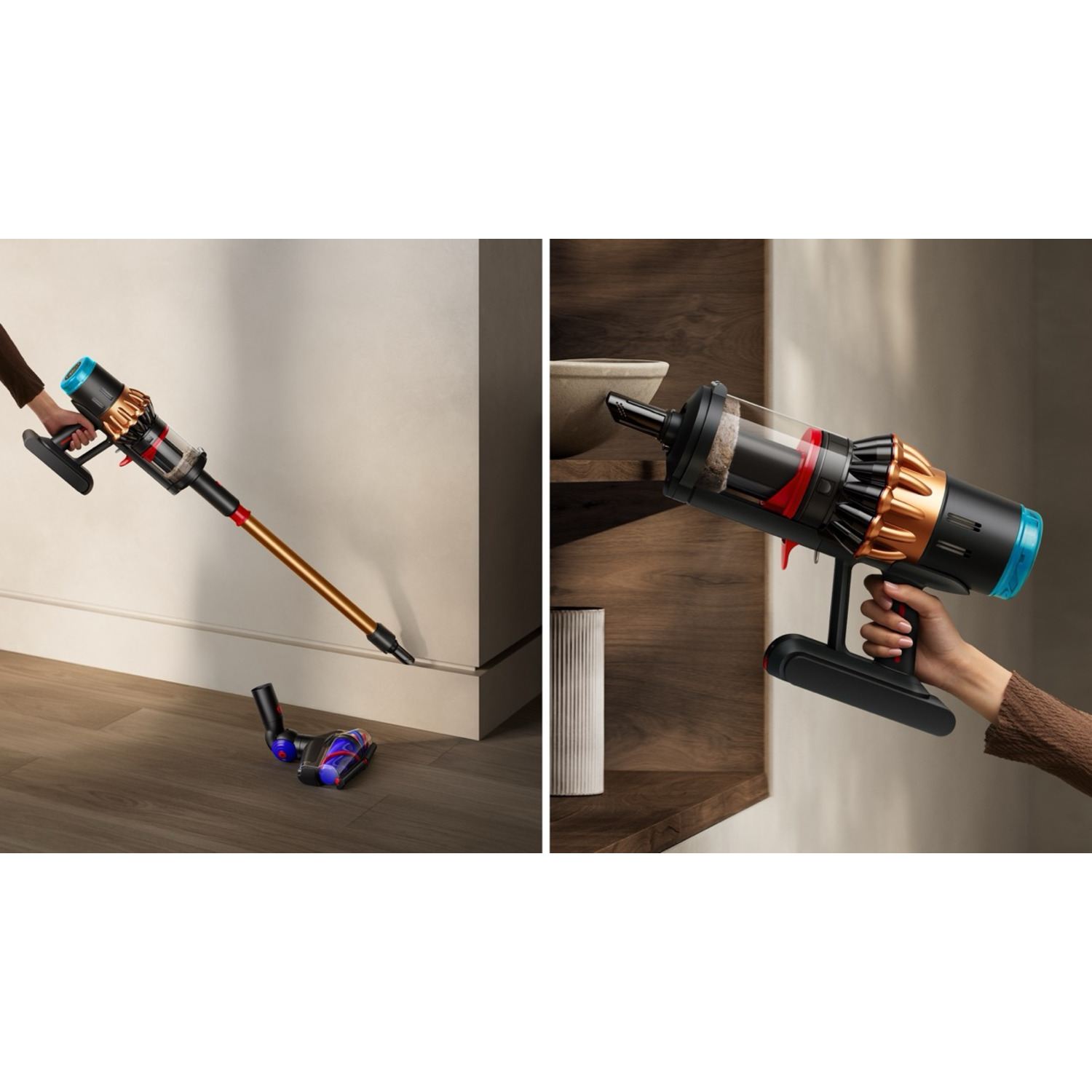 Two images show a vacuum cleaner. One is in use, the other is a close-up of the handle. The vacuum is black, gold, and blue.