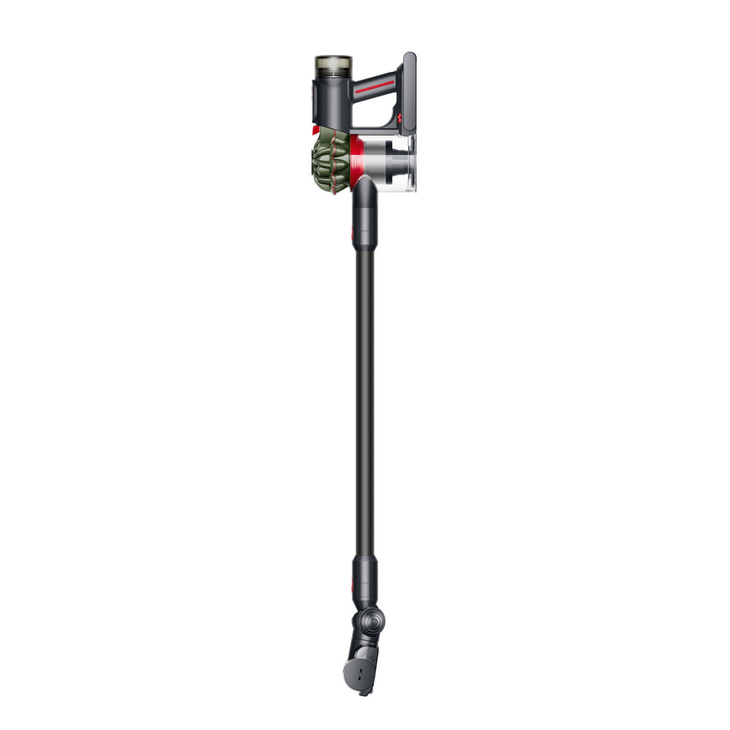 A black and red cordless vacuum cleaner with a long handle, a red trigger, and a green and silver head.