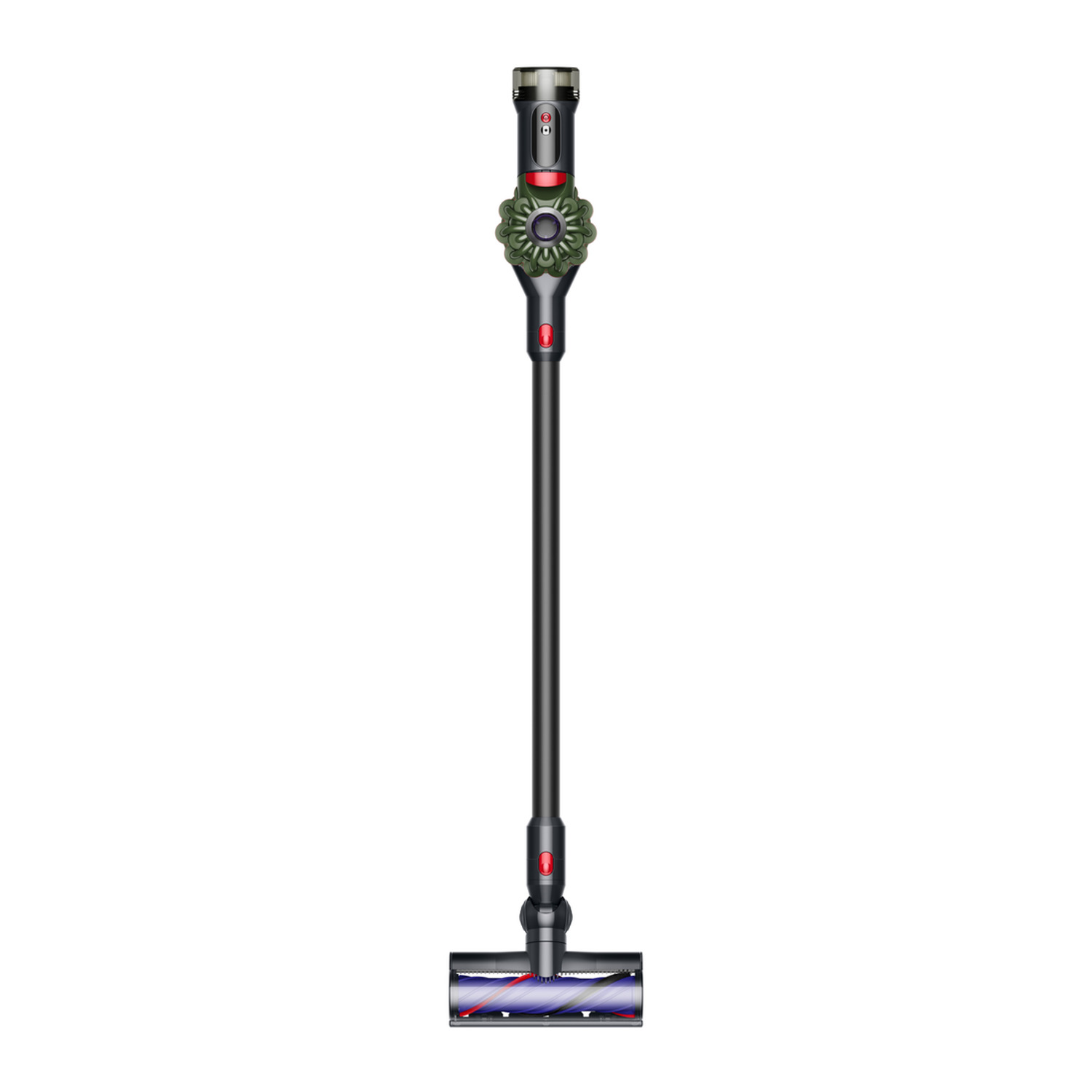 A cordless vacuum cleaner with a black body, red buttons, and a green flower-shaped component, on a white background.