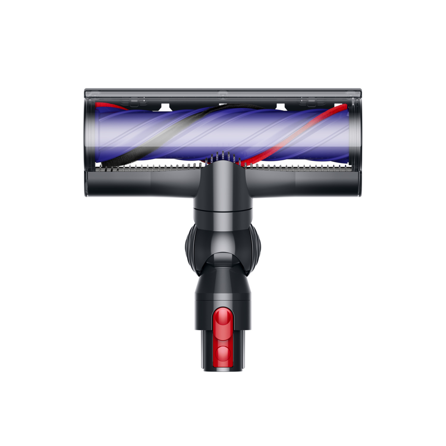 A Dyson vacuum cleaner head. It's black with a clear roller showing a blue spiral. Red accents are visible.