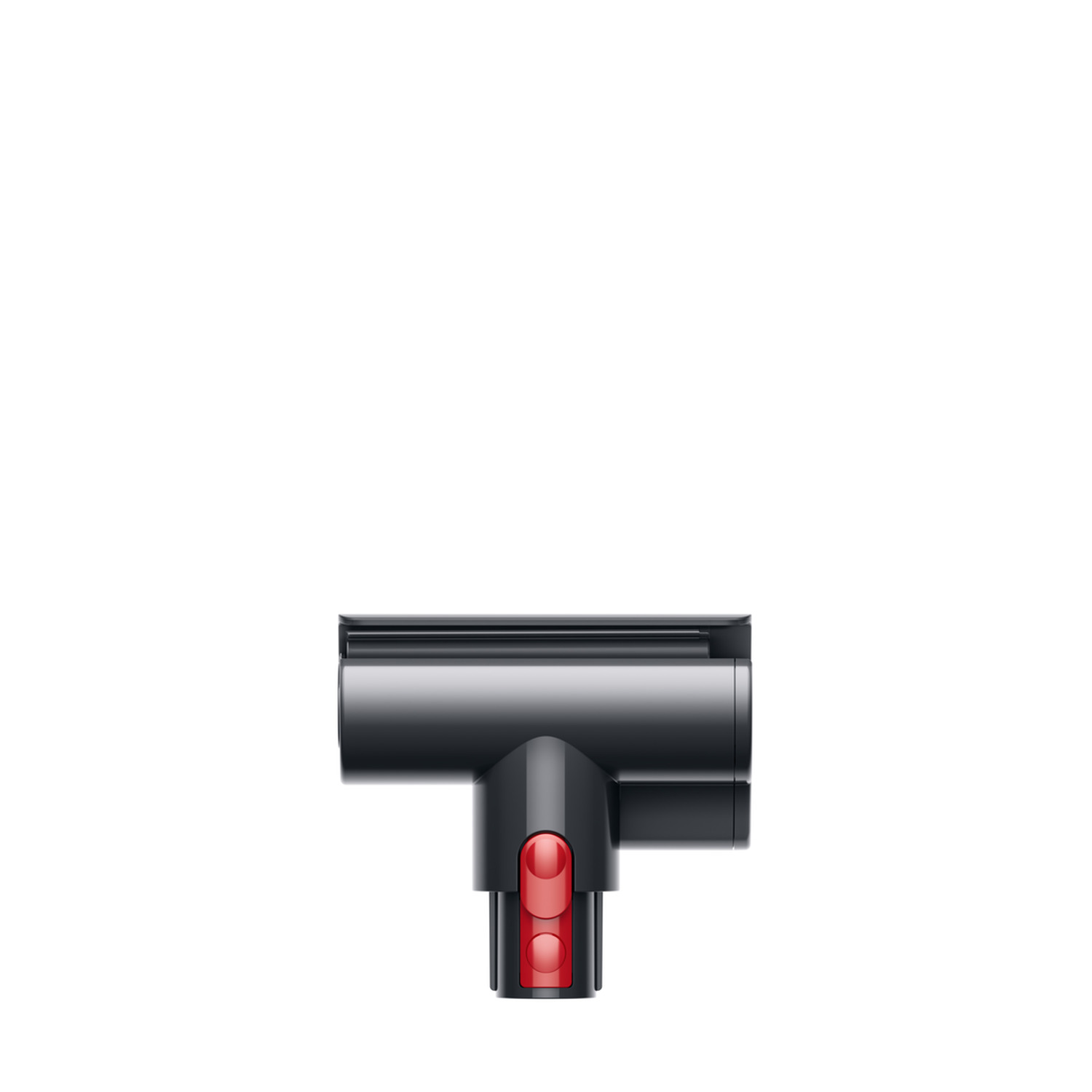 Black and gray Dyson vacuum cleaner attachment with red buttons, against a white background.
