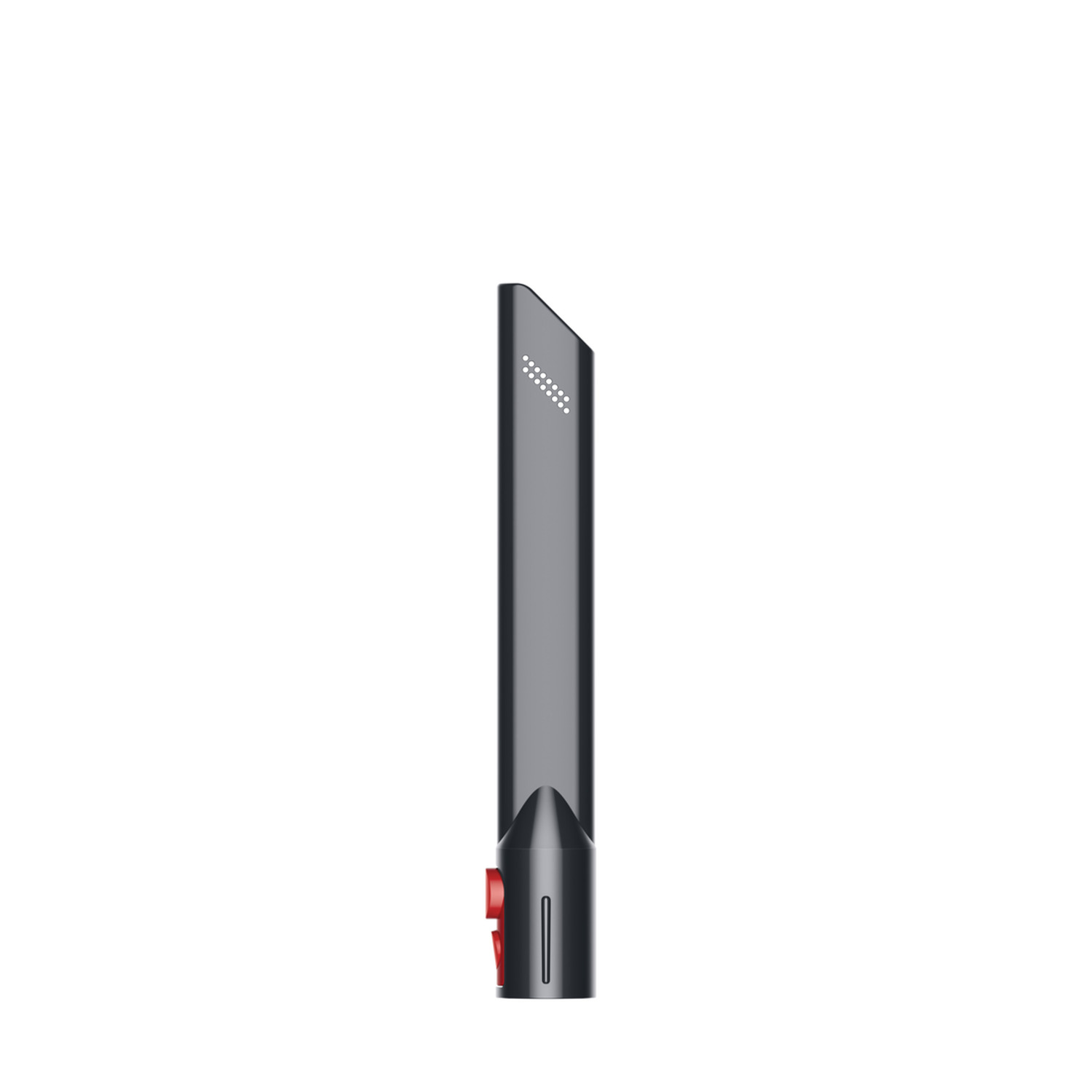 A gray vacuum cleaner attachment. It has a rectangular shape with a red button and a row of white dots on the side.