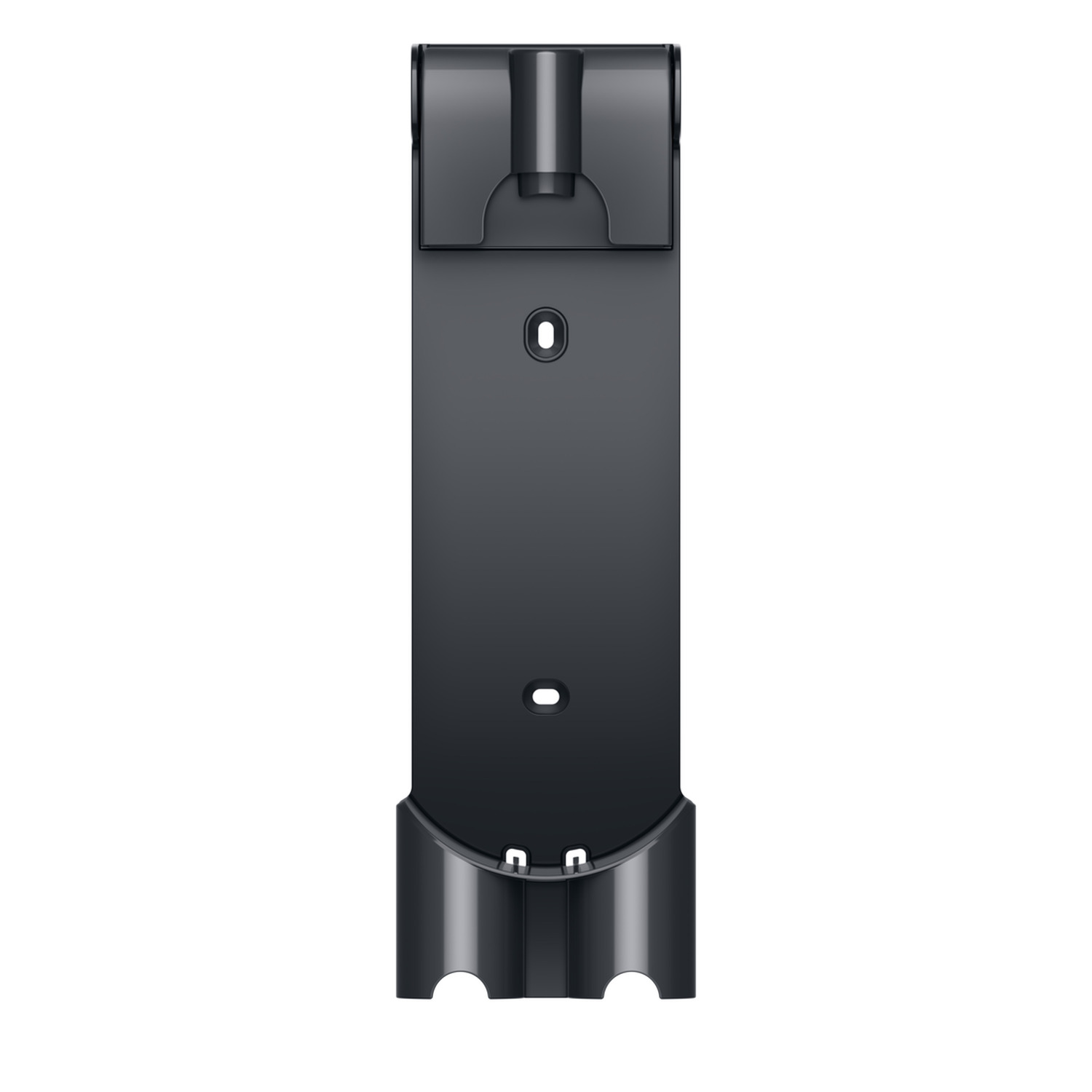 A black charging station for a vacuum cleaner. It has a rectangular body with a curved base and a top with a holder.