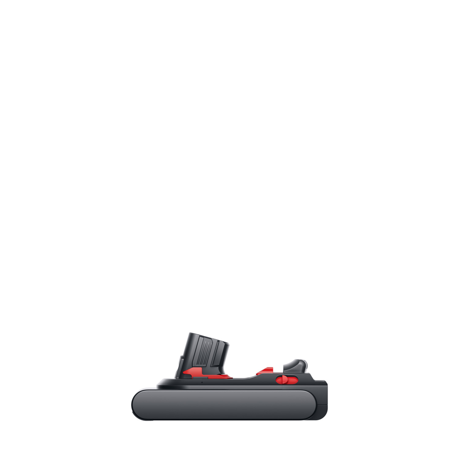 A black and red vacuum cleaner base with a dark gray body, red buttons, and a black charging dock on a white background.