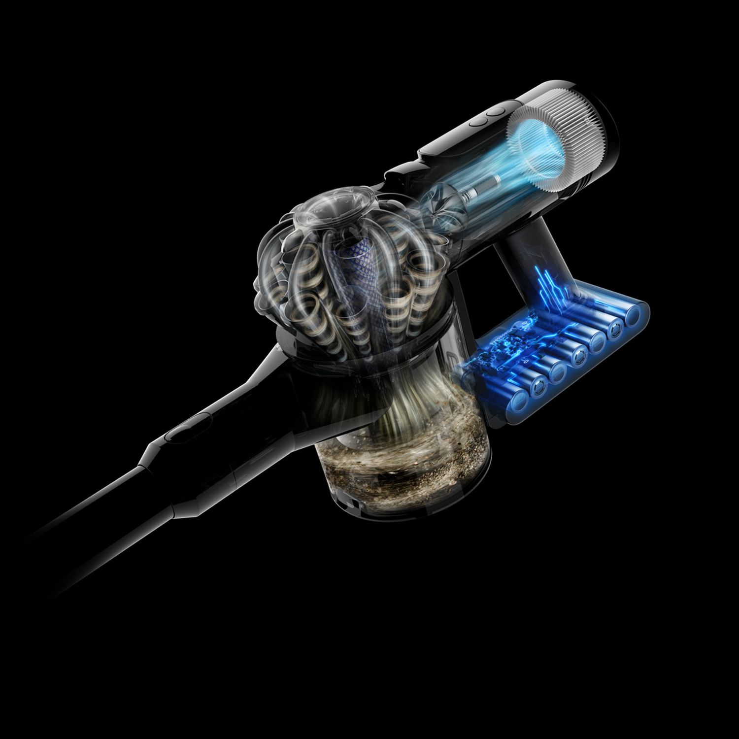 A transparent vacuum cleaner is shown, with blue light highlighting its inner workings and components against a black background.