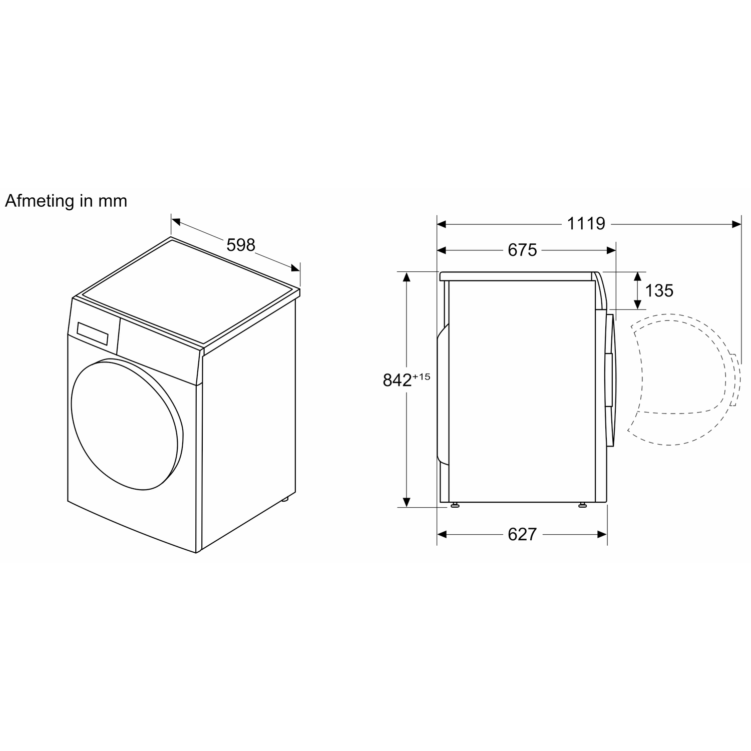 A diagram shows dimensions of a washing machine: 598mm x 842mm x 627mm. Side view shows door swing arc. Text: Afmeting in mm.