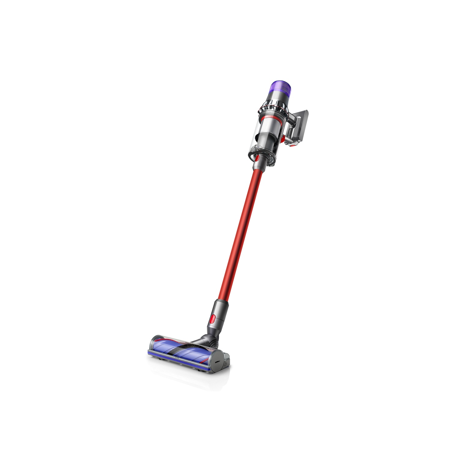 Een draadloze Dyson stofzuiger. Het heeft een rode staaf, een zilveren motor en een blauw-rode borstelkop, allemaal tegen een witte achtergrond.