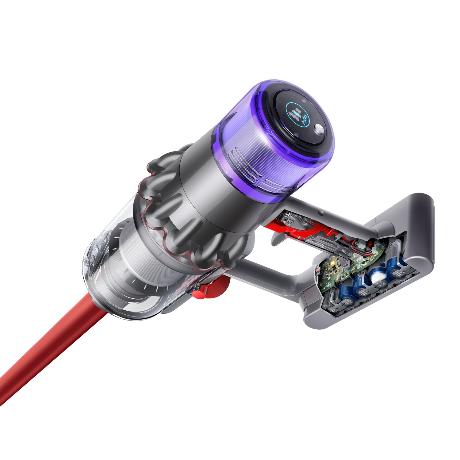 Een draadloze Dyson stofzuiger. Hij is grijs en rood, met een paarse bovenkant en een doorsnede die interne componenten laat zien.