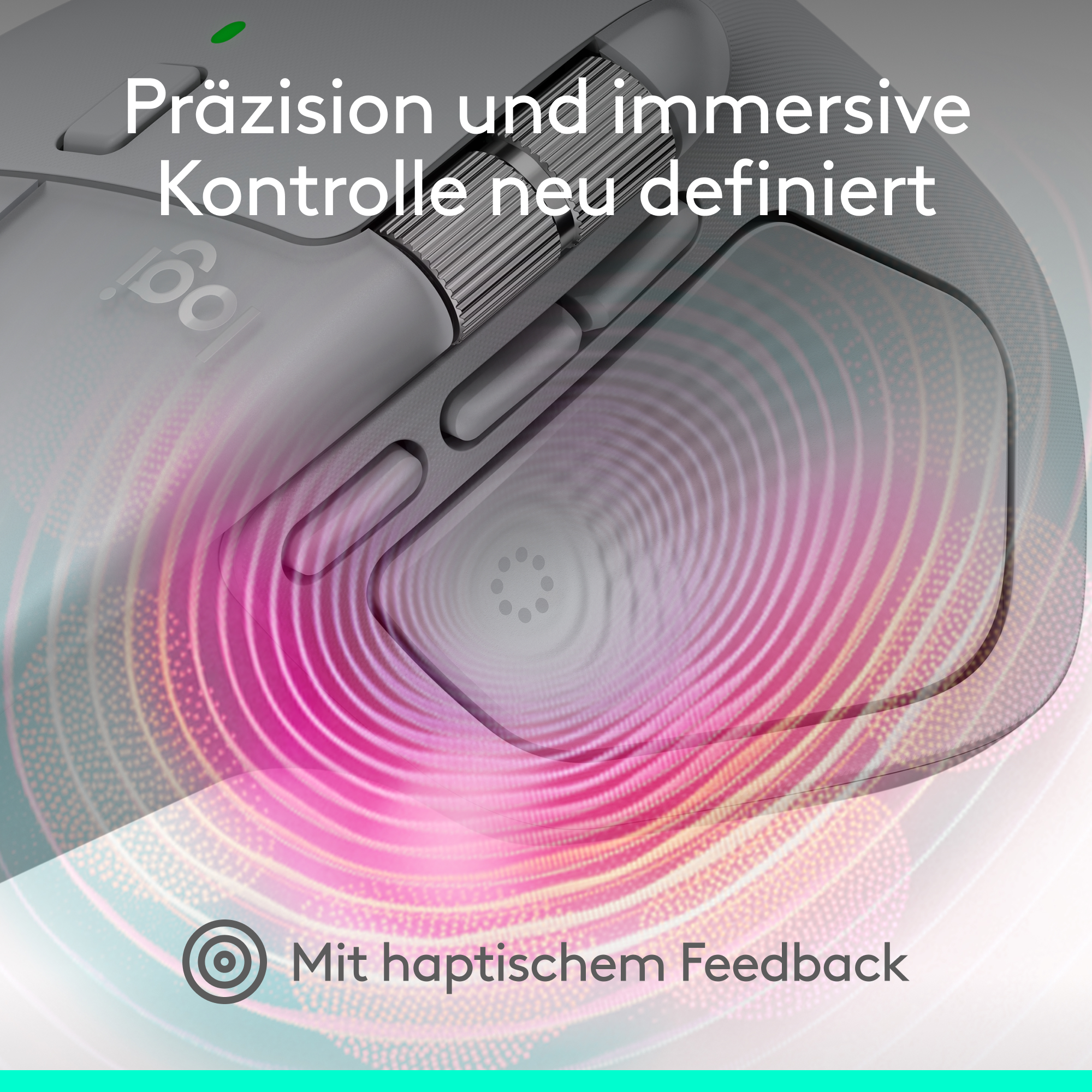 Nahaufnahme einer Computermaus mit Text: Präzision und immersive Kontrolle neu definiert. Haptisches Feedback wird hervorgehoben.