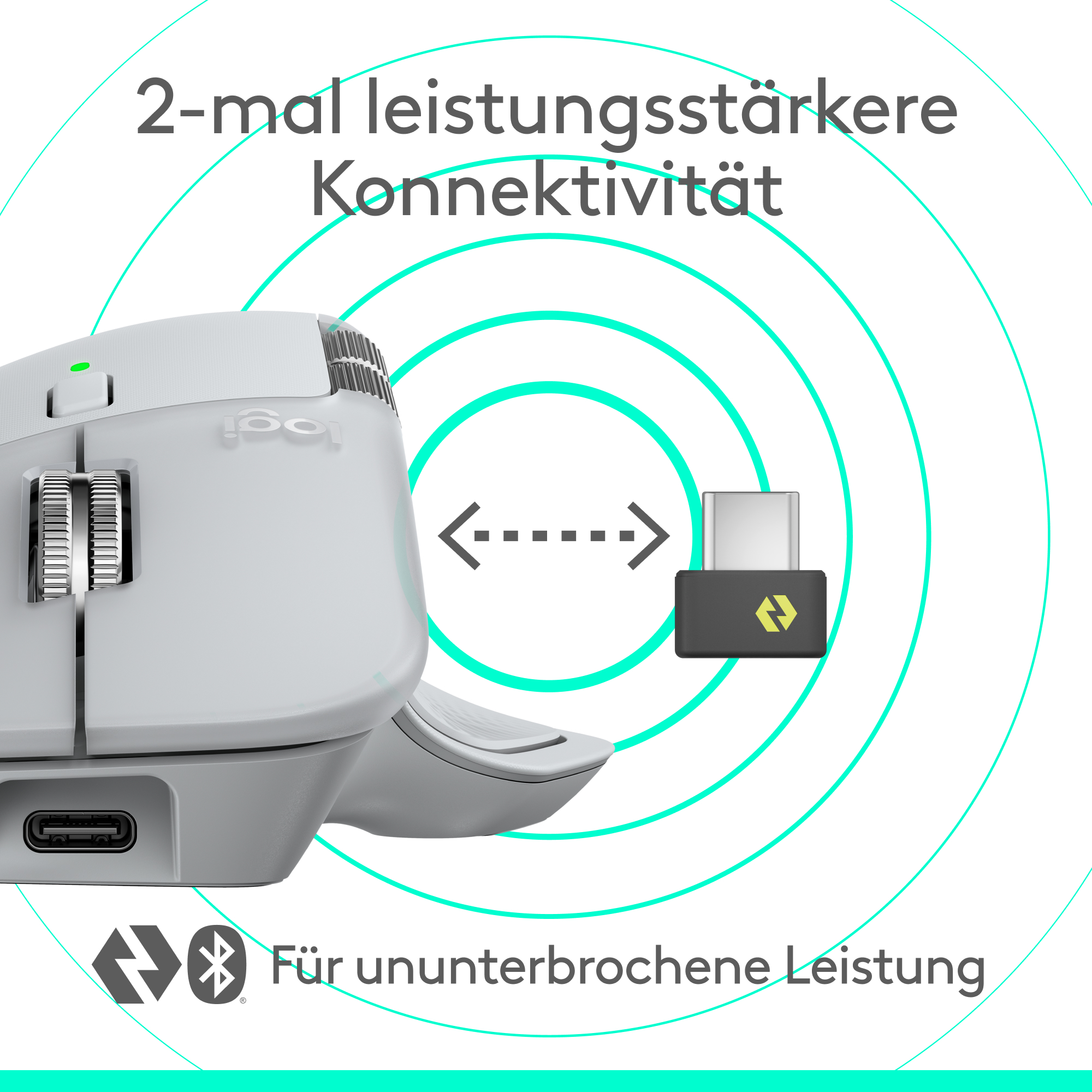 Eine weiße Maus mit USB-Empfänger, umgeben von Kommunikationswellen, die Konnektivität und Leistung fördern.