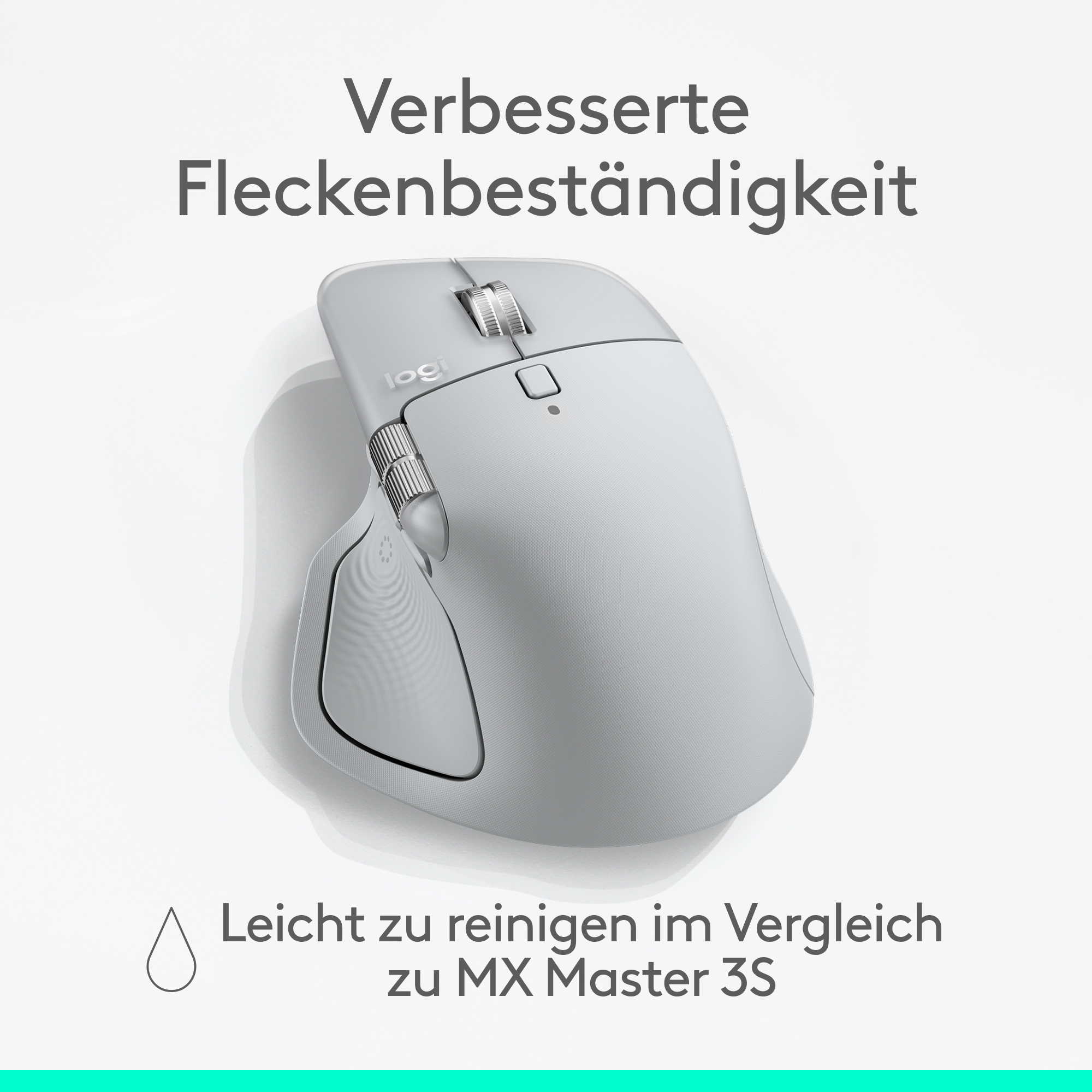 Eine hellgraue Logitech-Maus mit Text oben und unten. Der Text lautet 'Verbesserte Fleckenbeständigkeit' und 'Leicht zu reinigen'.