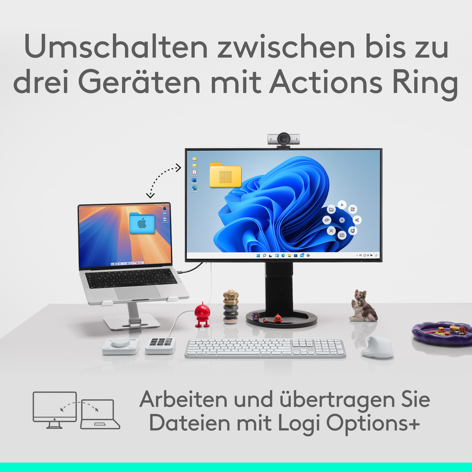 Setup mit Monitor, Laptop und Zubehör. Text: Wechseln Sie zwischen bis zu drei Geräten mit Actions Ring.