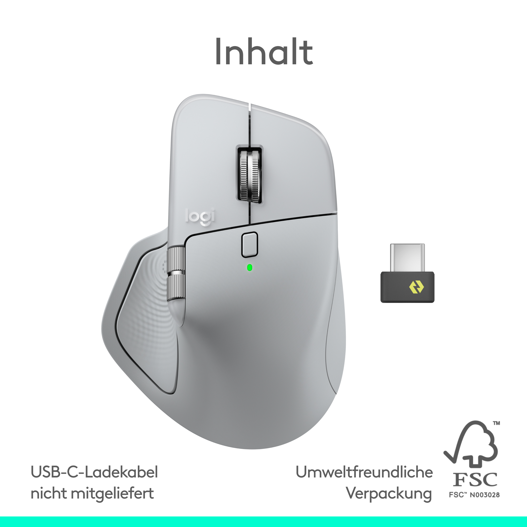 Eine hellgraue Logitech-Maus mit USB-Empfänger und Text auf Deutsch. Die Maus ist kabellos und ergonomisch.
