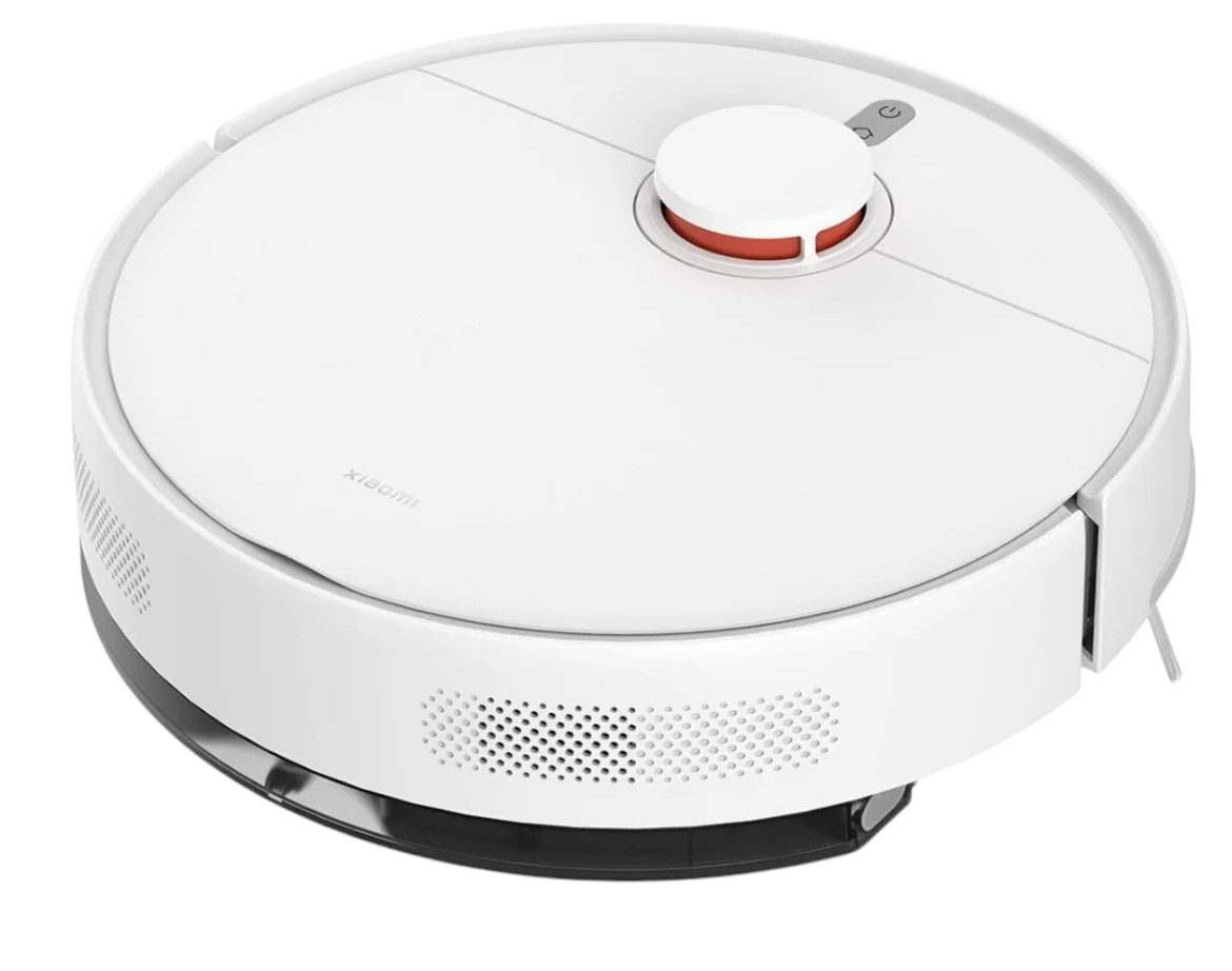 Biały odkurzacz automatyczny Xiaomi. Okrągły kształt, czerwony akcent na górze i czarny spód.