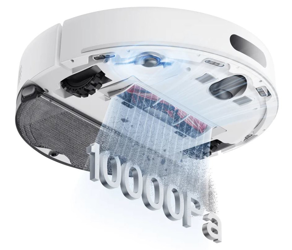 Biały robot odkurzający z przezroczystym spodem. Kurz jest zasysany, wyświetlana jest liczba 10000 Pa.