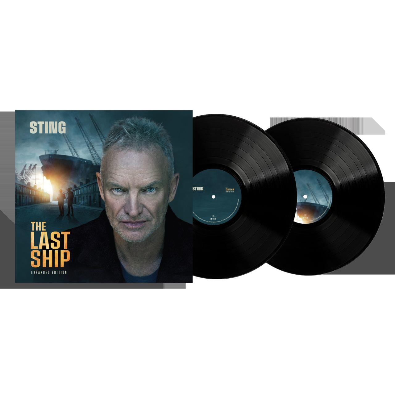 Albumcover von Stings "The Last Ship". Enthält Stings Porträt und zwei Schallplatten auf weißem Hintergrund.