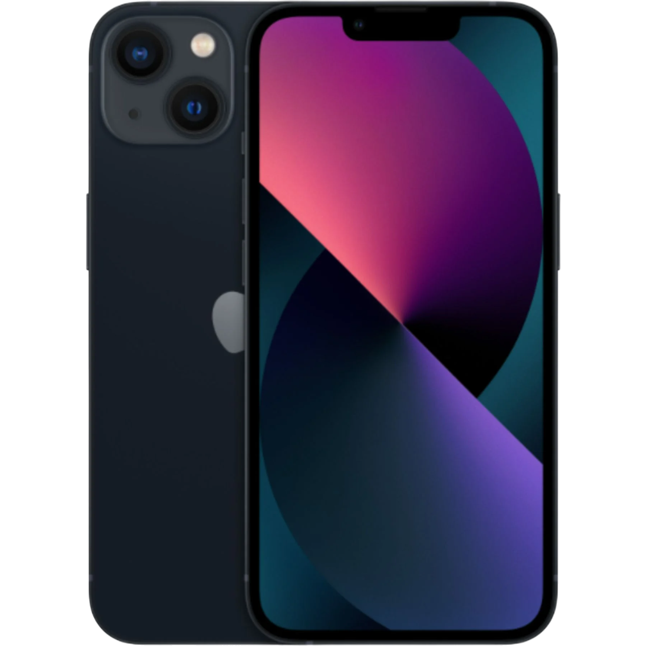 Koyu mavi bir iPhone 13. Pembe, mor ve maviden oluşan degrade bir arka plana sahip bir ekranı var. Arkasında iki kamera var.