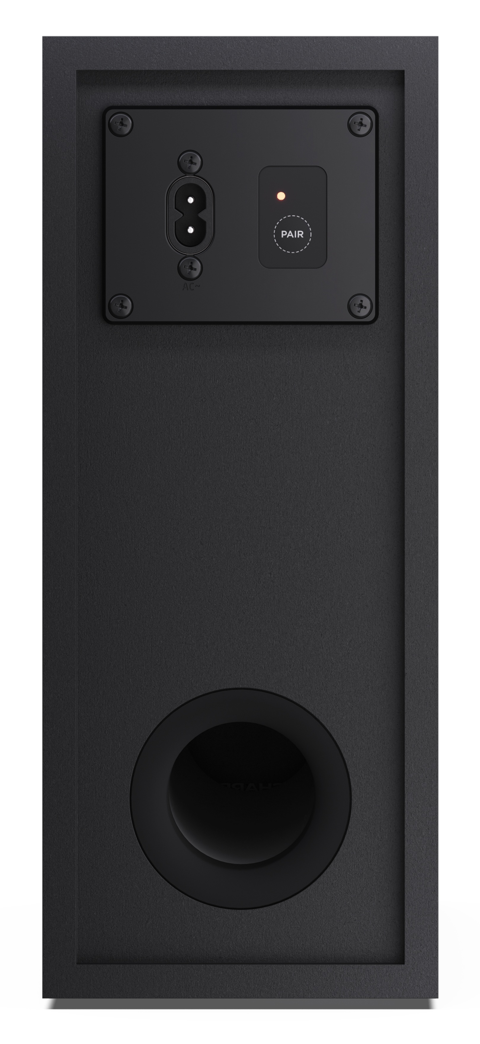 Czarny tył głośnika. Posiada wejście zasilania AC, przycisk 'PAIR' i okrągły port. Powierzchnia ma teksturowane wykończenie.