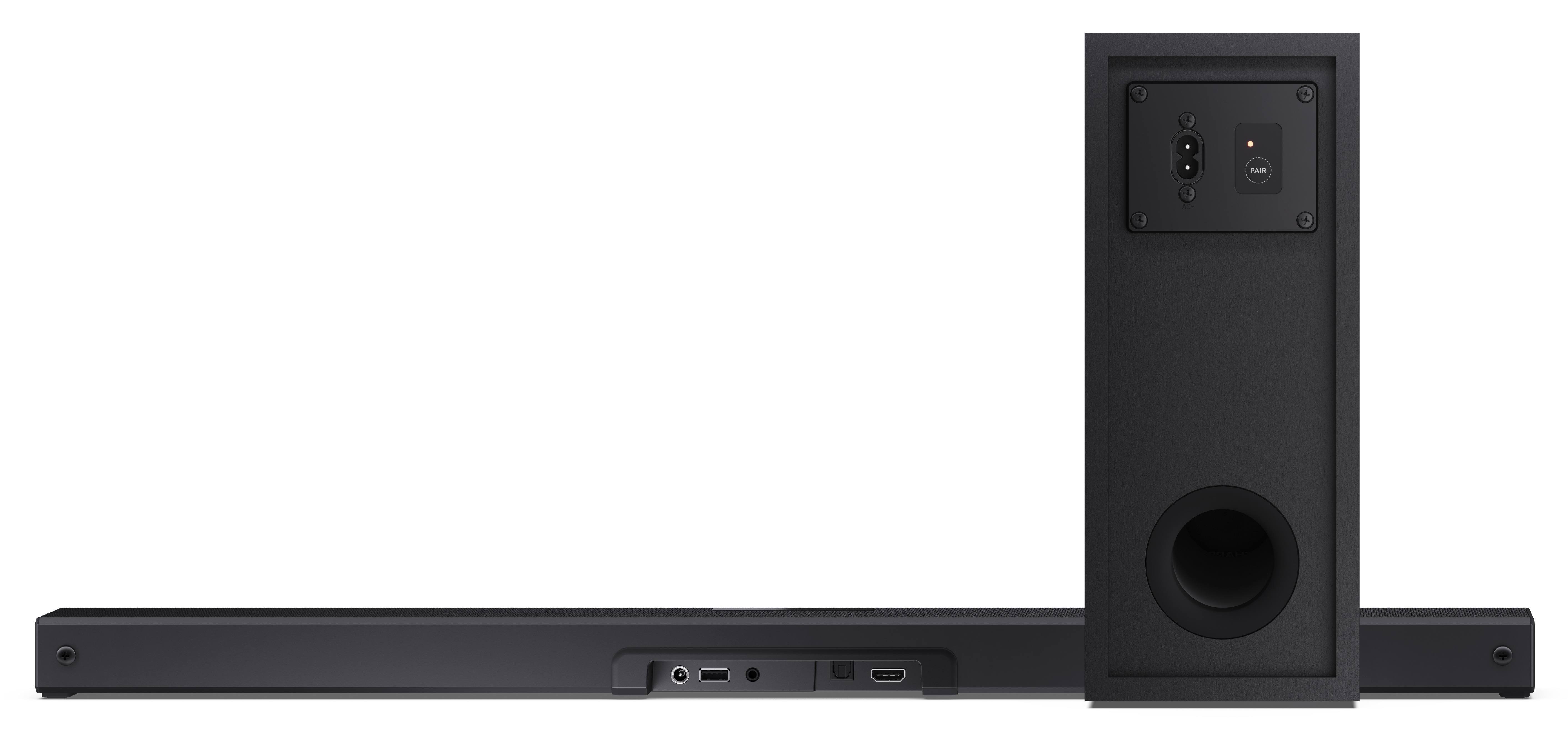 Czarny soundbar z subwooferem. Soundbar ma kilka portów wejściowych. Subwoofer ma port zasilania i przycisk parowania.