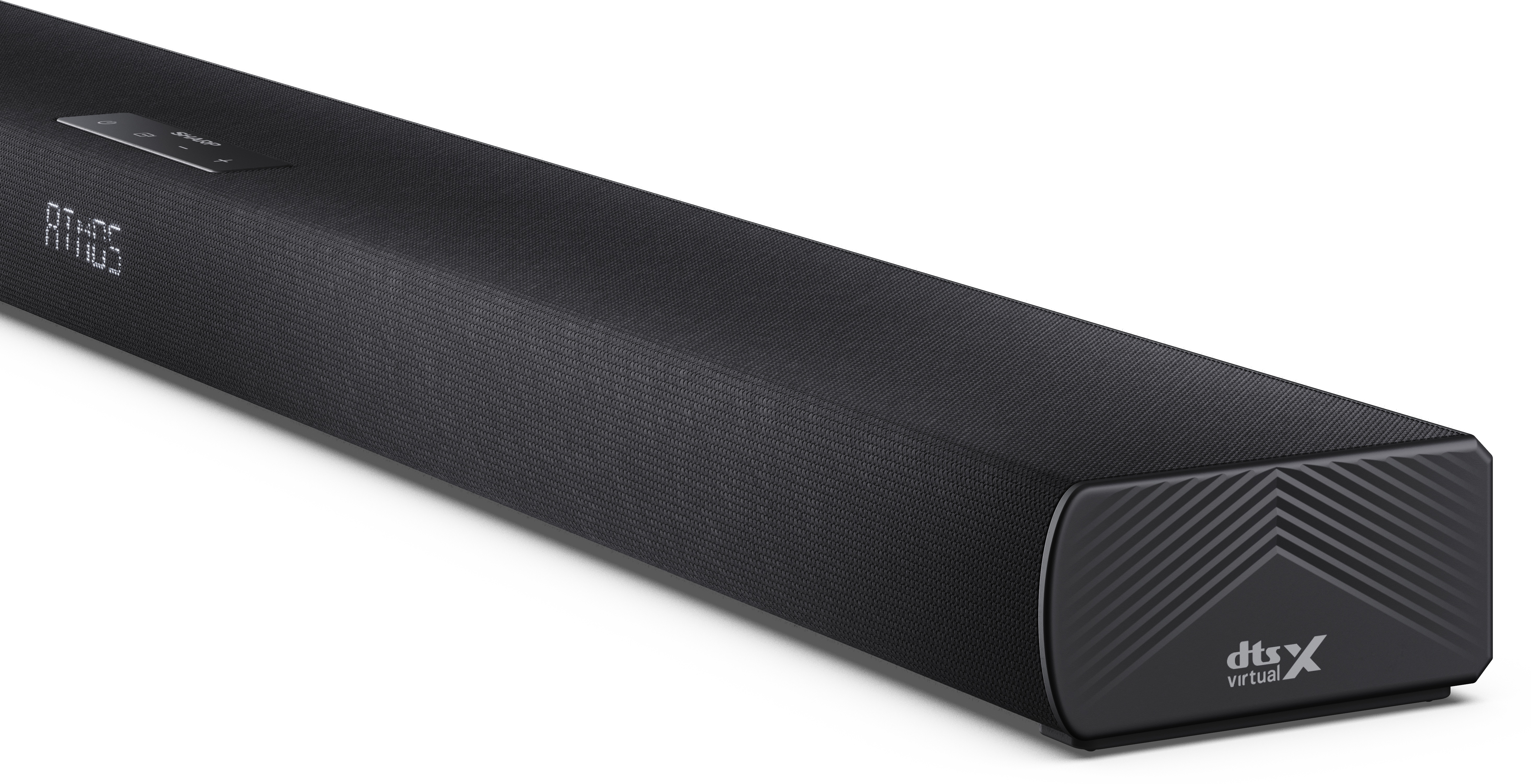 Czarny soundbar z logo 'SHARP'. Ma wyświetlacz 'ATMOS'. Na końcu znajduje się logo 'dtsX virtual'.