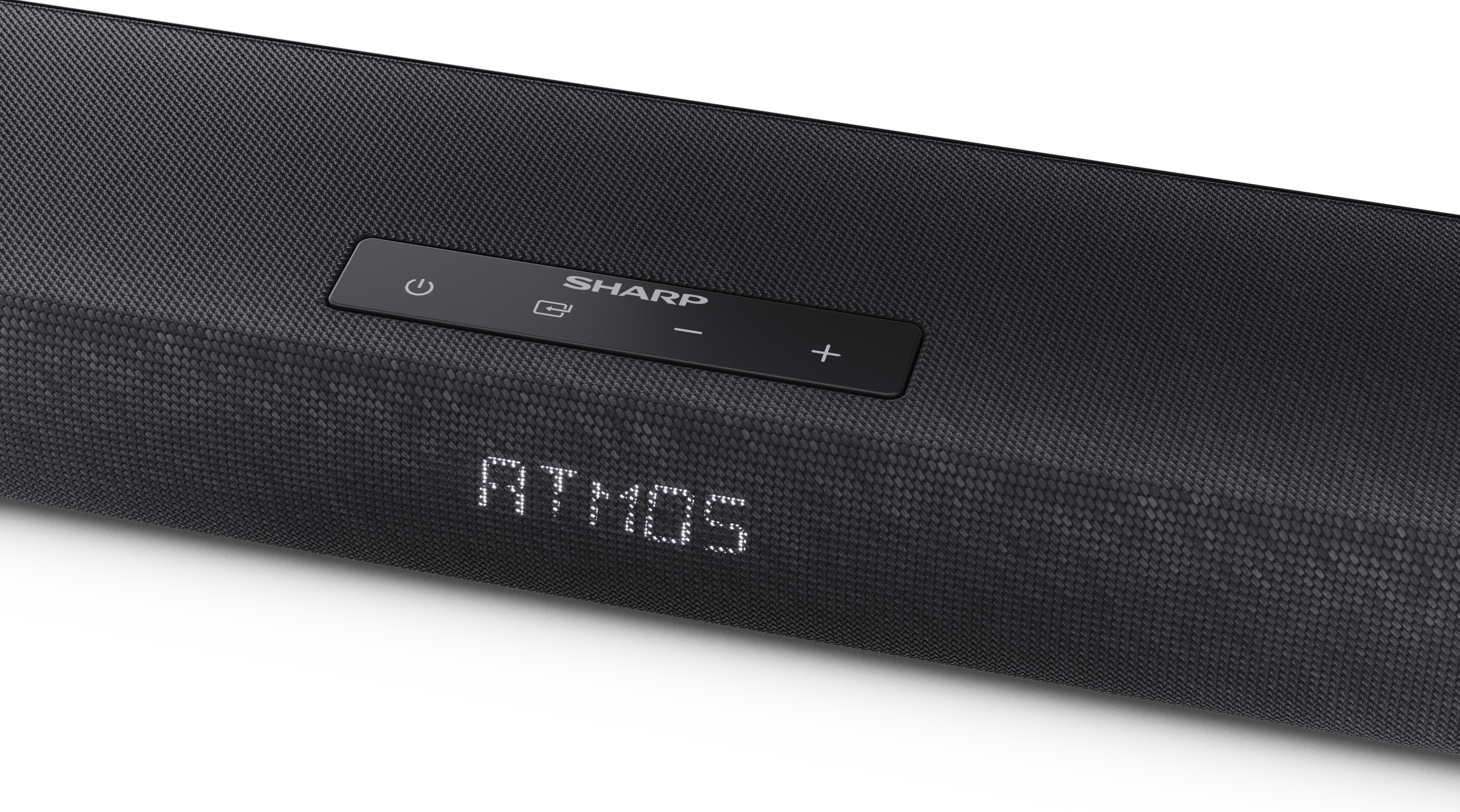 Czarny soundbar z panelem sterowania. Wyświetla logo 'ATMOS' i 'SHARP'. Widoczne elementy sterowania zasilaniem, wejściem i głośnością.