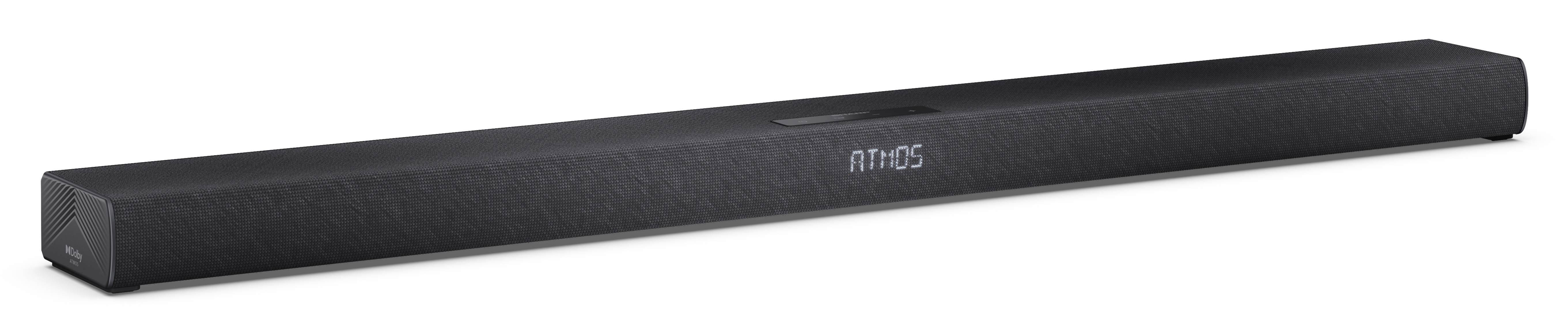 Czarny soundbar z napisem ATMOS z przodu. Znajduje się na białym tle.