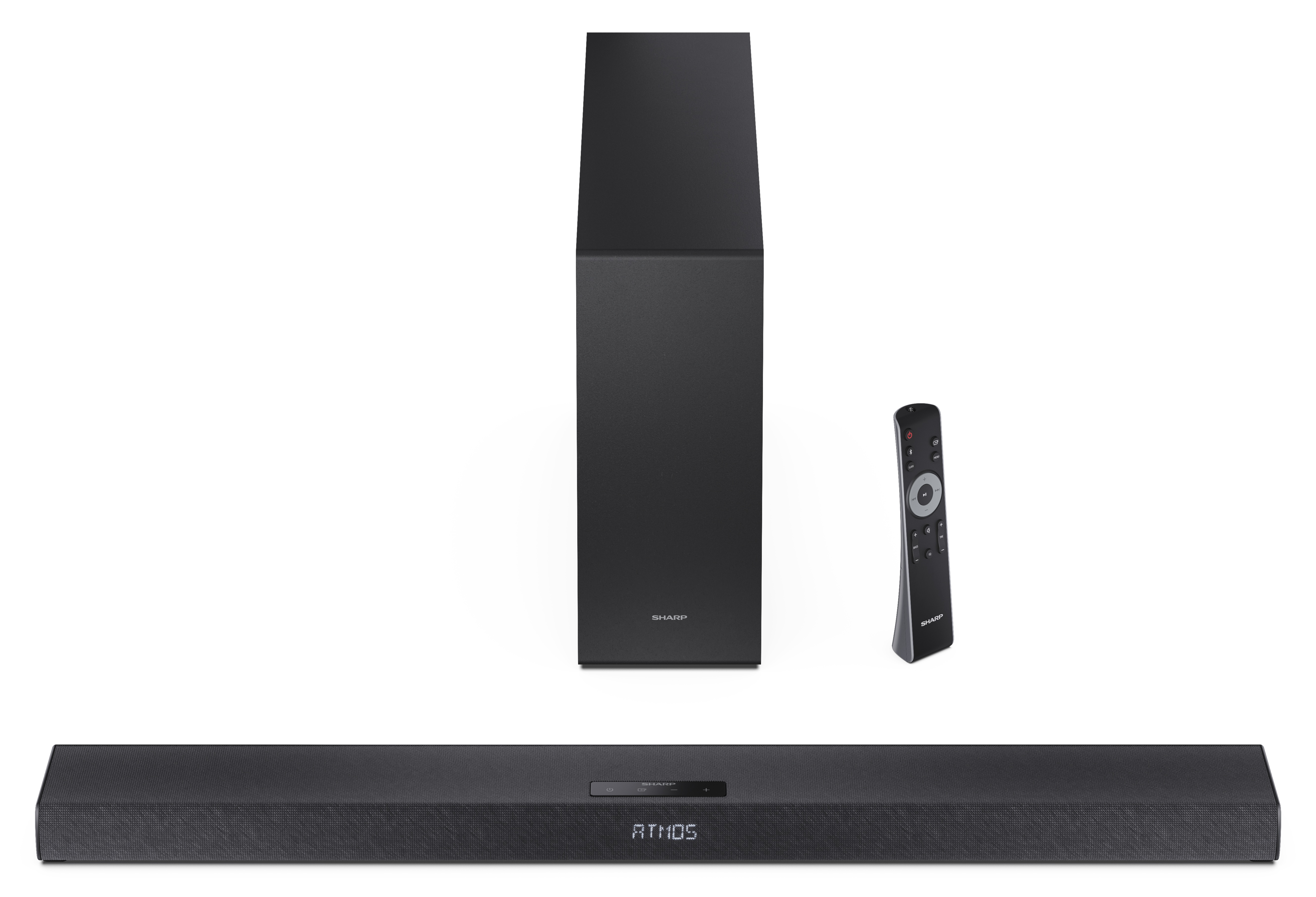 Czarny soundbar, subwoofer i pilot na białym tle. Soundbar ma napis ATMOS.