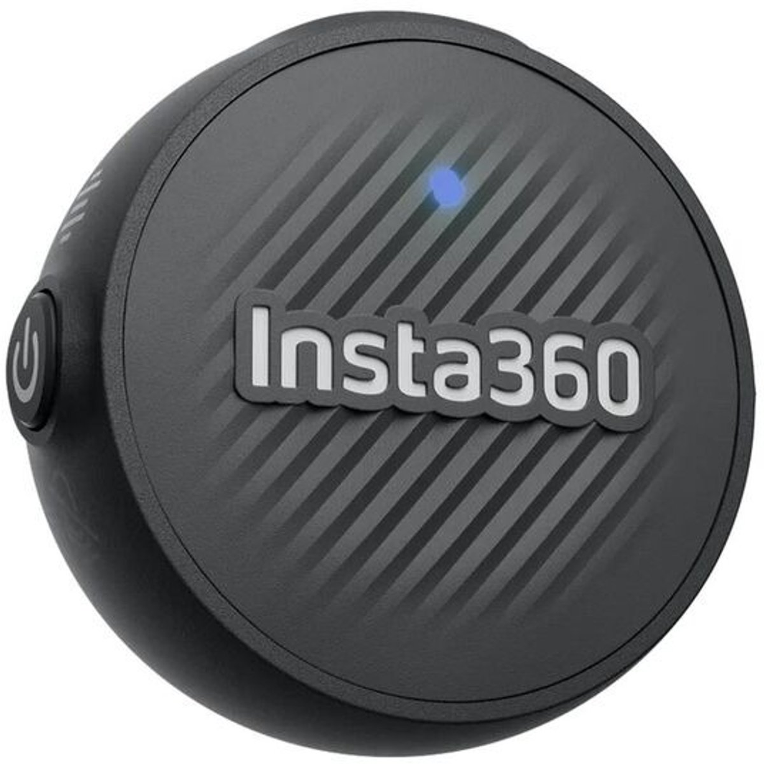 A black Insta360 camera with a power button and a blue light. The logo is white. The surface has diagonal lines.