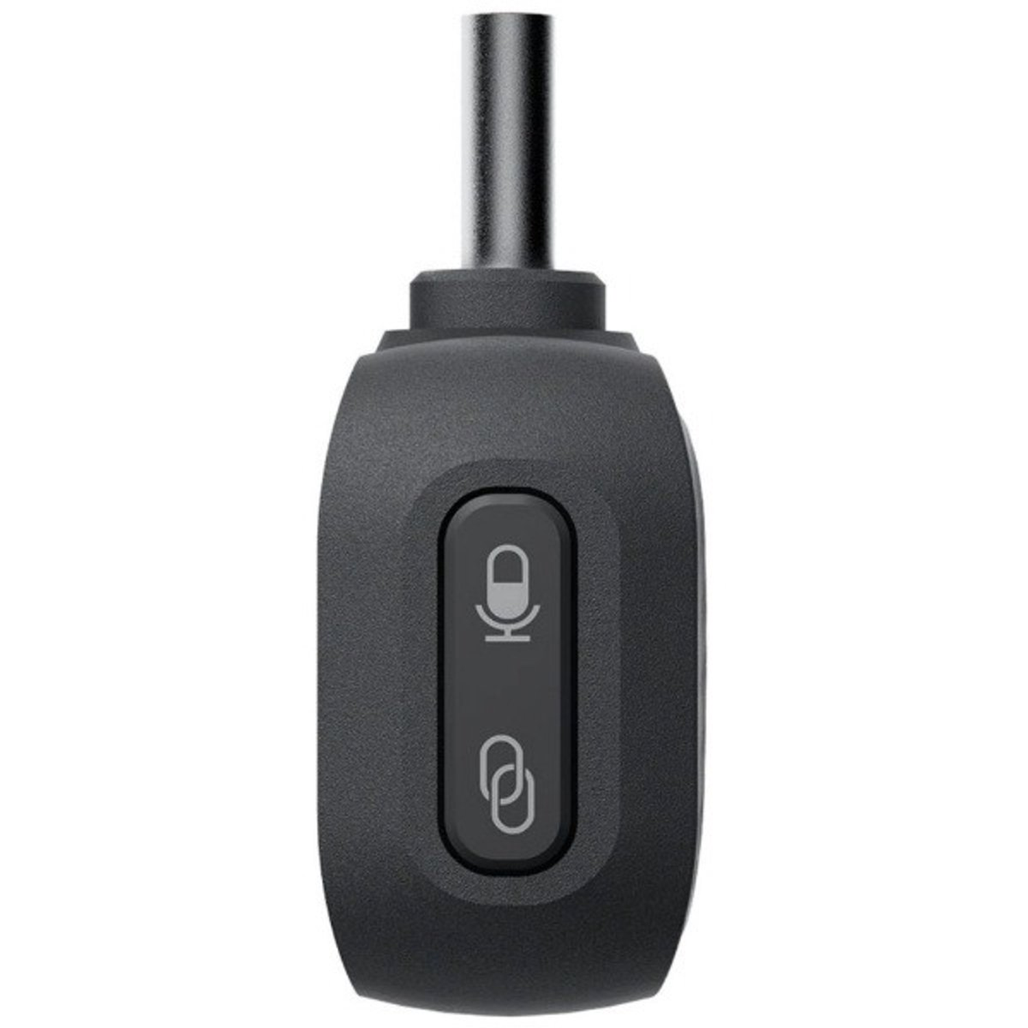 Black microphone control. Two buttons: a microphone icon and a link icon. Silver metal stem at the top.