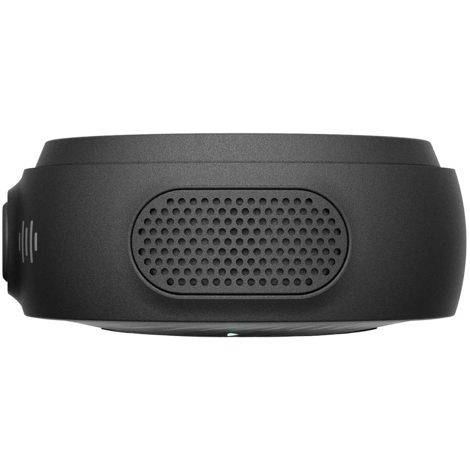 A black, cylindrical device with a speaker grill. It is a close-up shot against a white background.