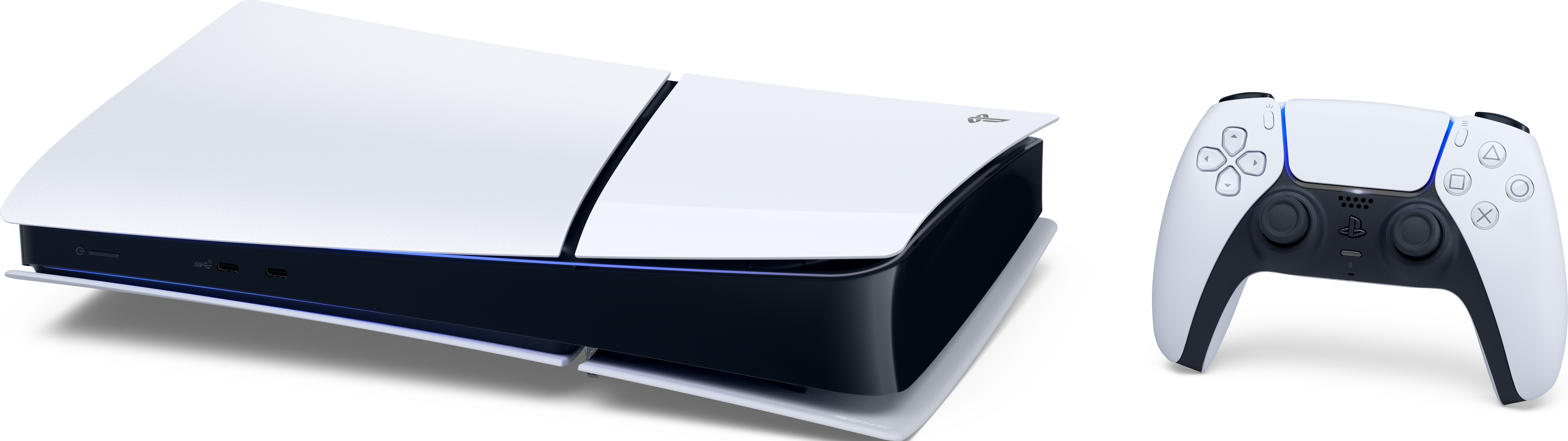 Una console PlayStation 5 bianca e nera e un controller sono mostrati su sfondo nero.