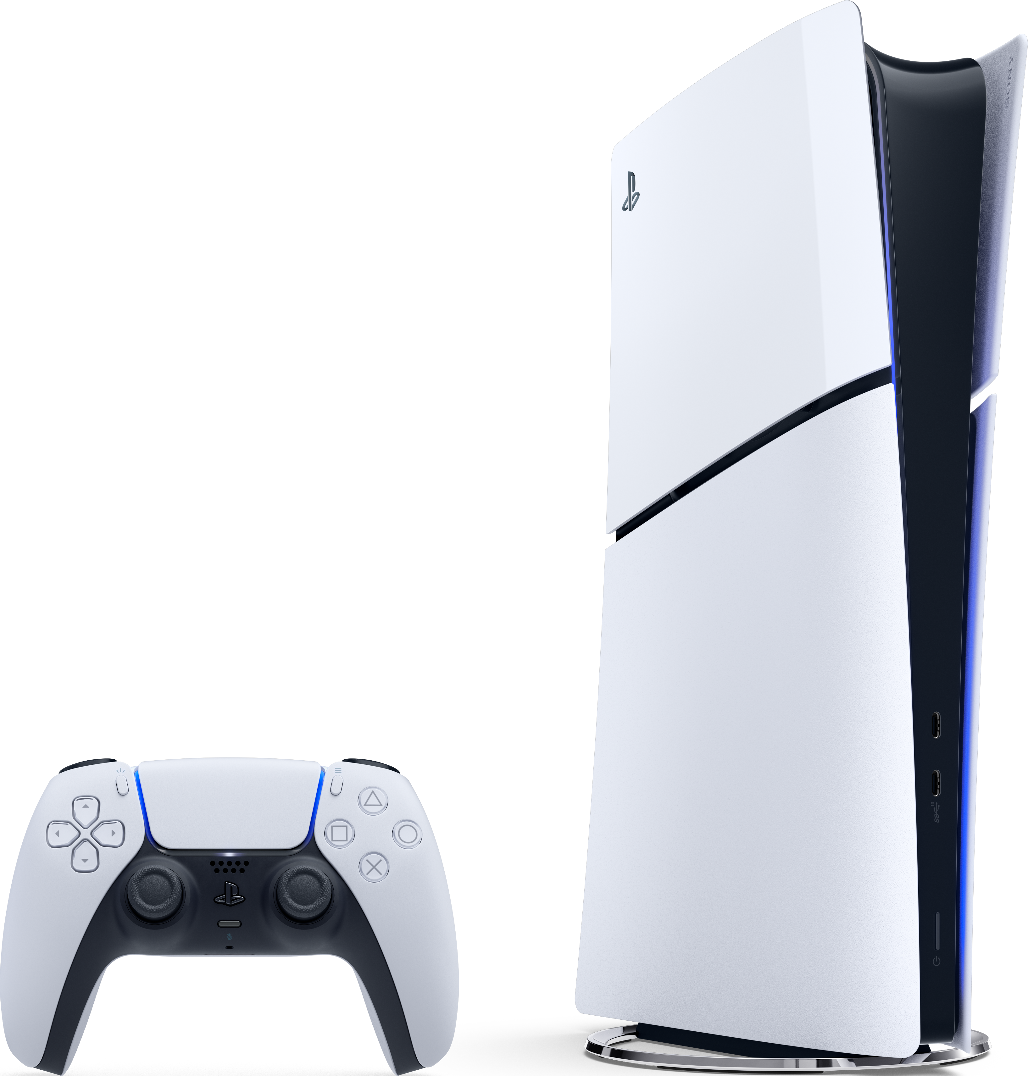 L'immagine mostra una console PlayStation 5 bianca e un controller. La console è verticale, sfondo nero.