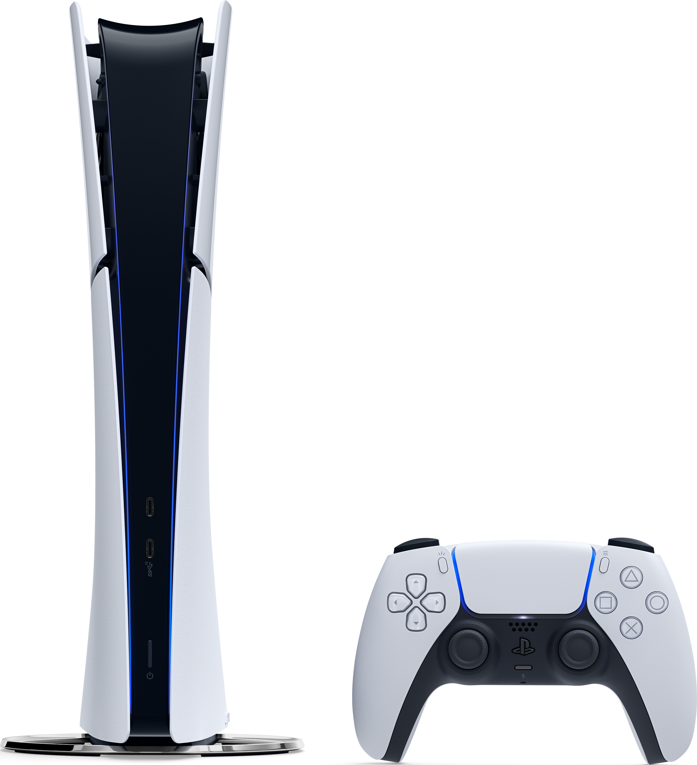 Console e controller PlayStation 5. Design bianco e nero, con una striscia luminosa blu sulla console e sul controller.