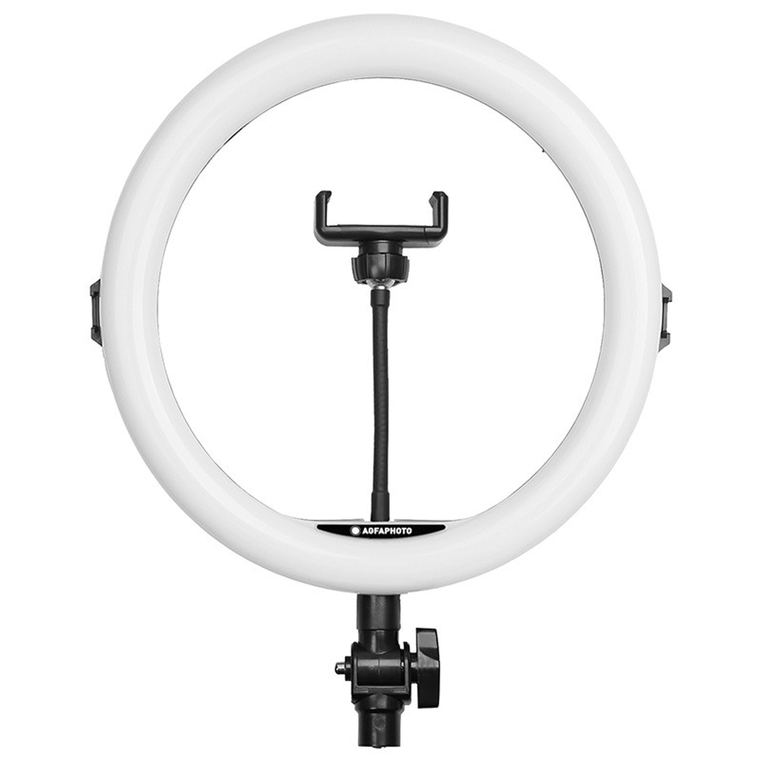 Een witte ringlamp met een telefoonhouder in het midden. Het heeft een zwarte standaard en voet, tegen een witte achtergrond.