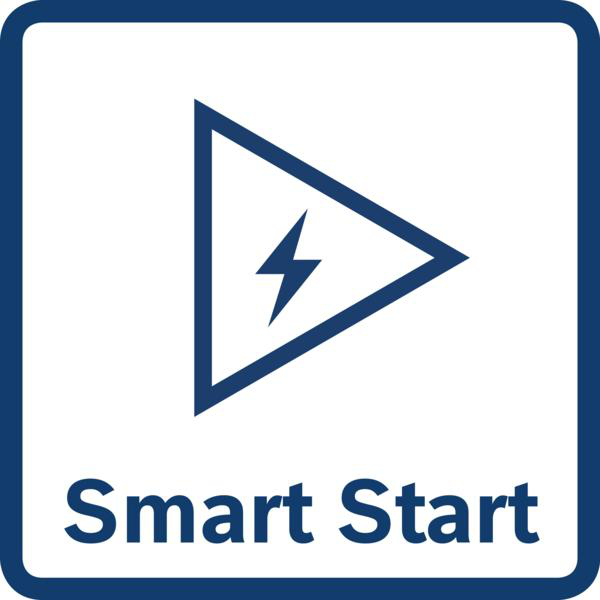 Weißes Quadrat mit blauem Rand. Darin ein blaues Dreieck mit Blitz. Darunter steht in Blau 'Smart Start'.