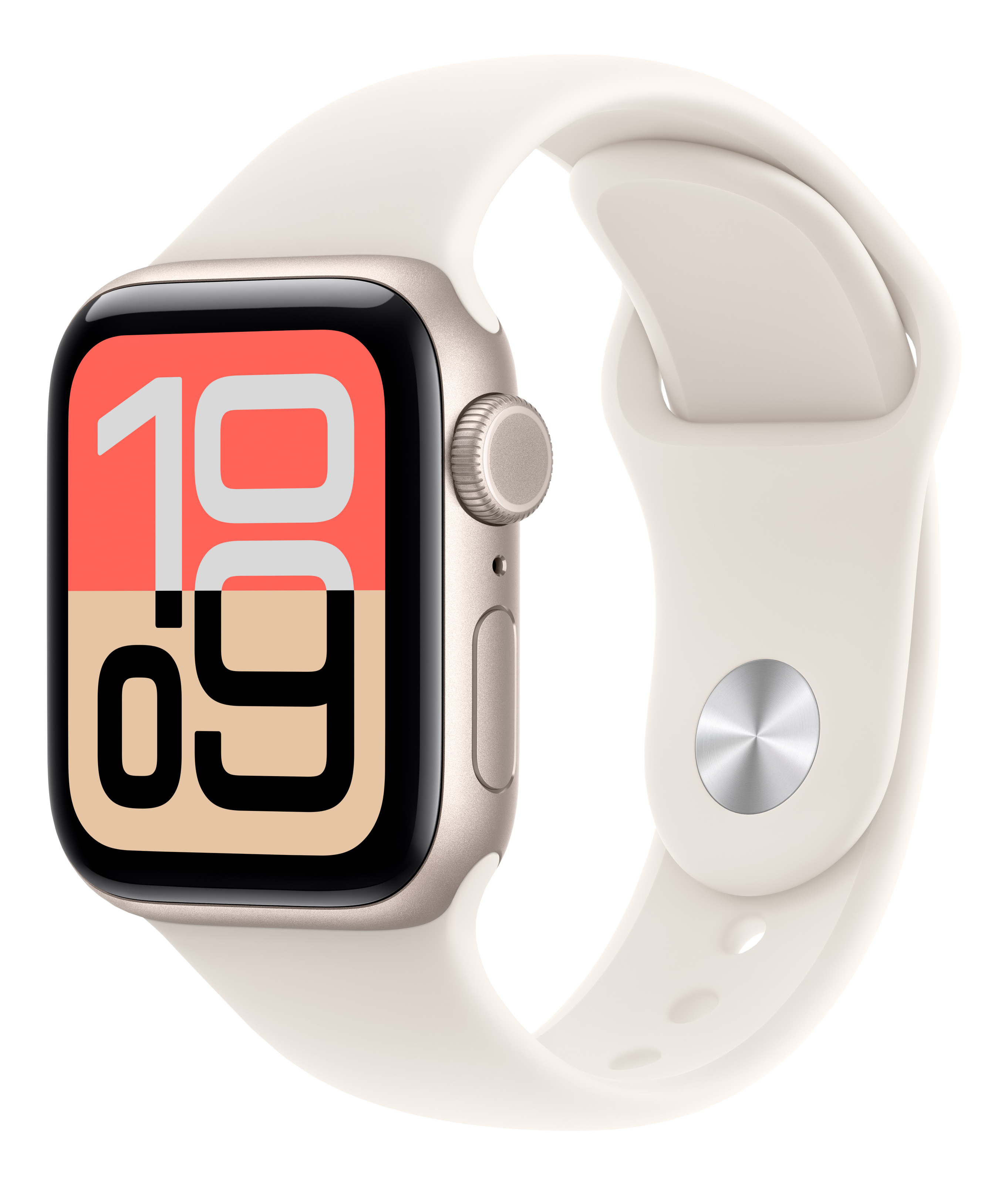 Une Apple Watch dorée avec un bracelet blanc affiche l'heure 10:09. Le fond est noir.