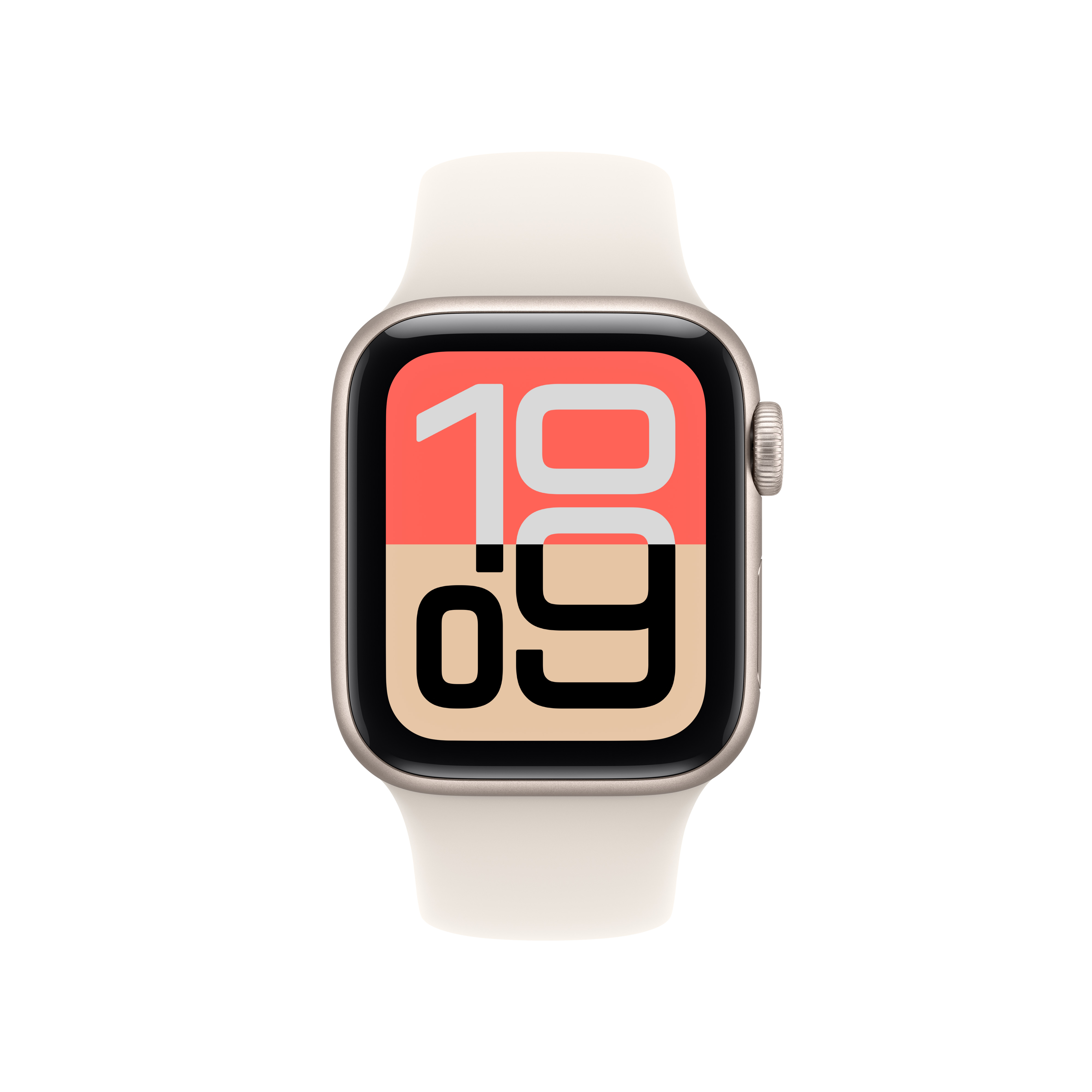 Eine Apple Watch mit weißem Armband. Der Bildschirm zeigt die Uhrzeit 10:09 an. Der Hintergrund ist weiß.