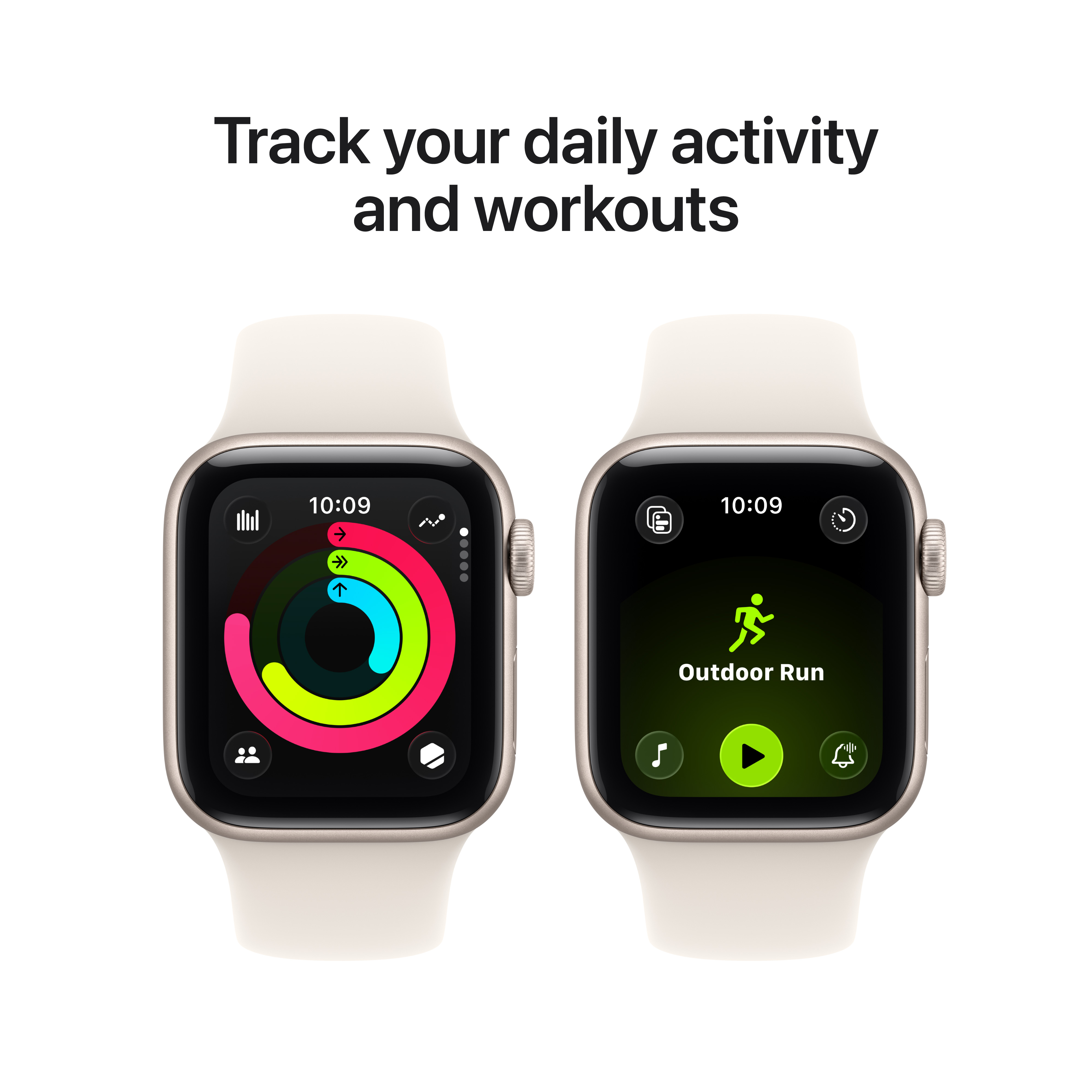 Zwei Smartwatches zeigen Aktivitätsverfolgung. Eine zeigt Trainingsringe, die andere einen Outdoor-Lauf.